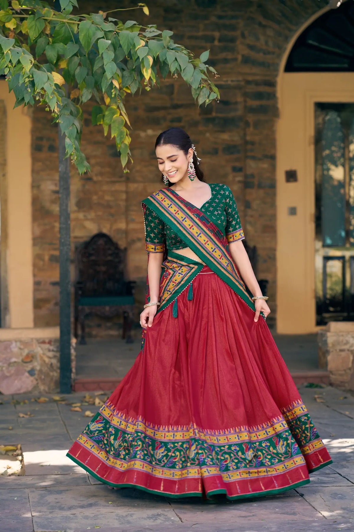 Brick Red Tasar Silk Printed Lehenga Choli
