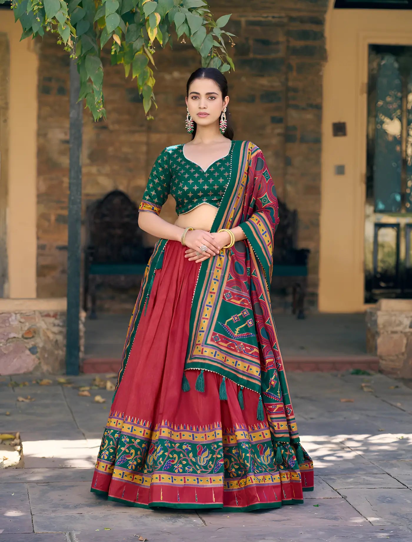 Brick Red Tasar Silk Printed Lehenga Choli