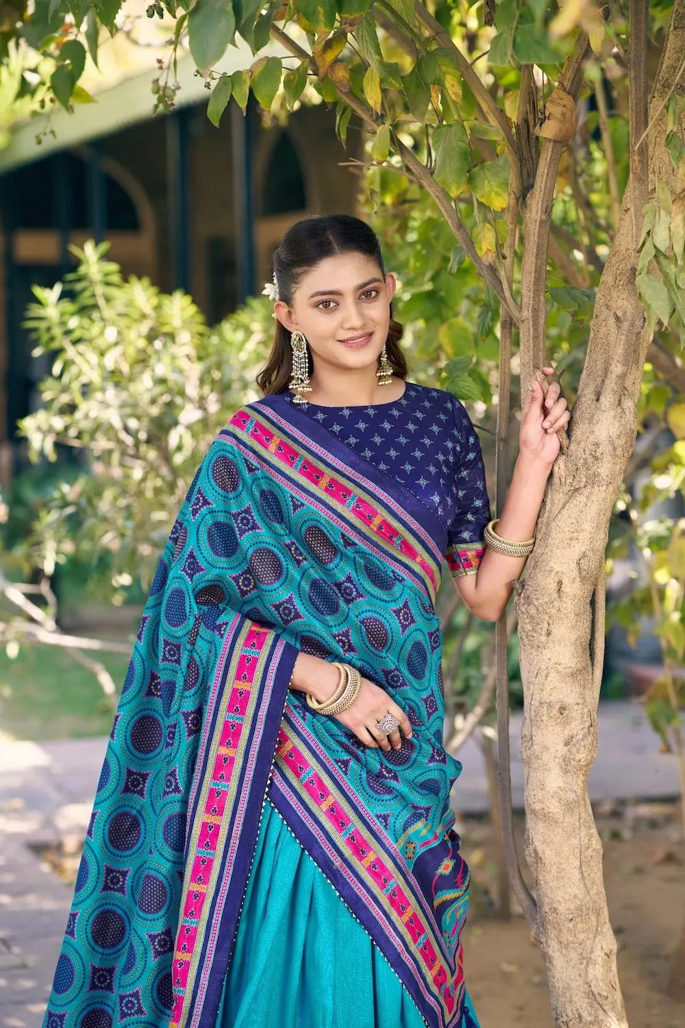 Sea Blue Tasar Silk Printed Lehenga Choli