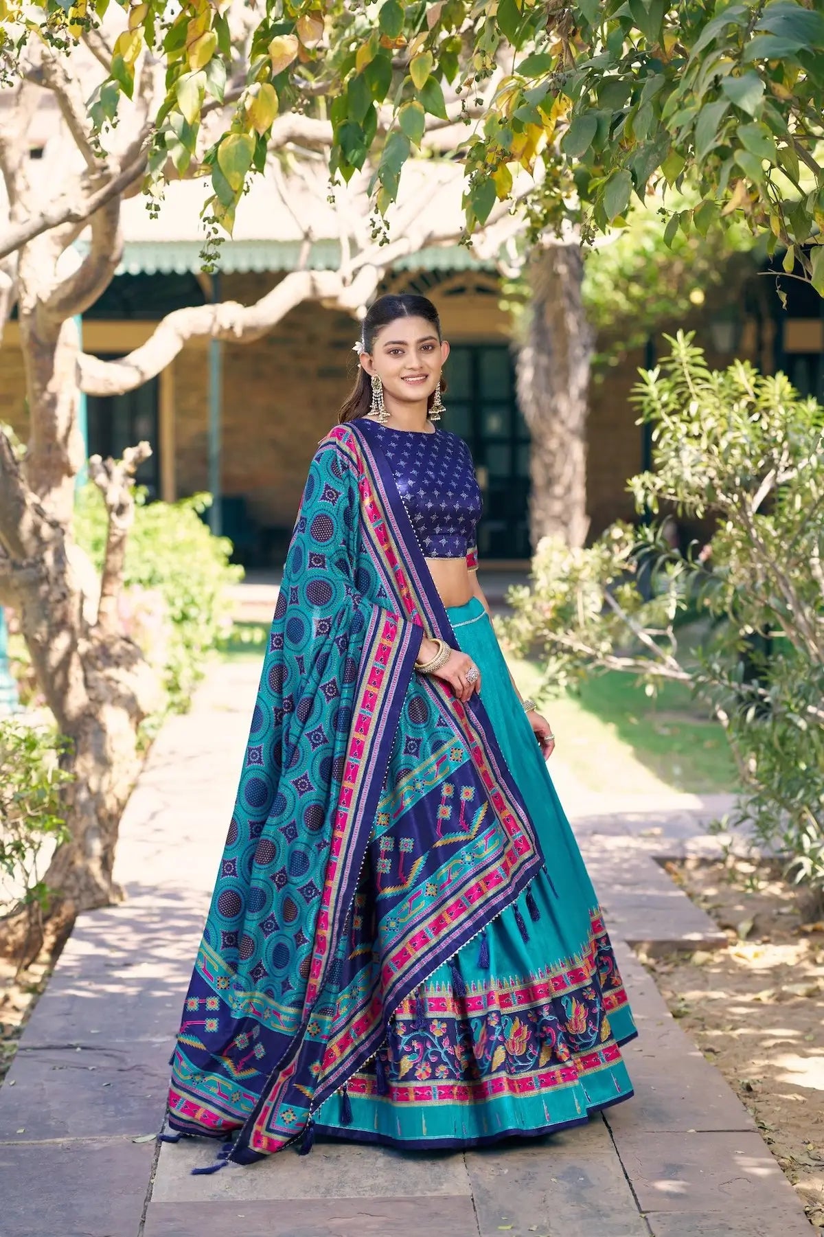 Sea Blue Tasar Silk Printed Lehenga Choli