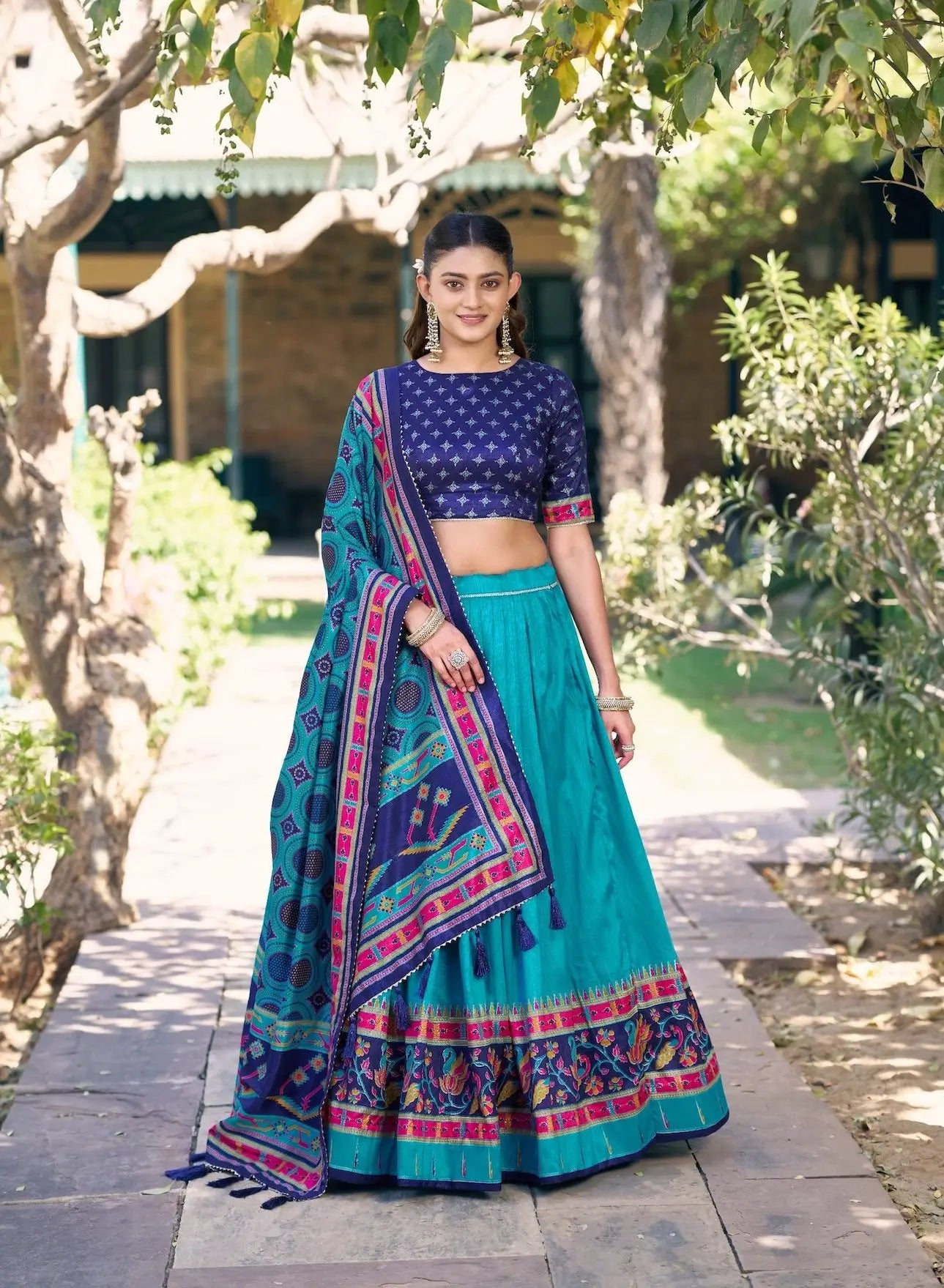 Sea Blue Tasar Silk Printed Lehenga Choli