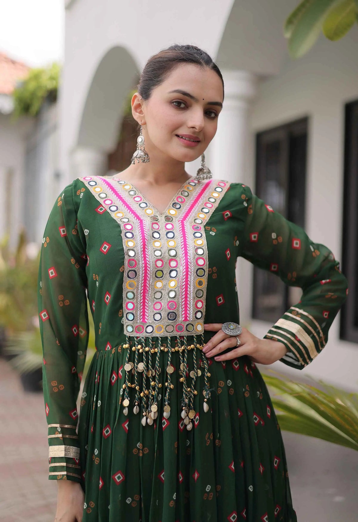 Green Georgette Kutchi Work Navratri Gown