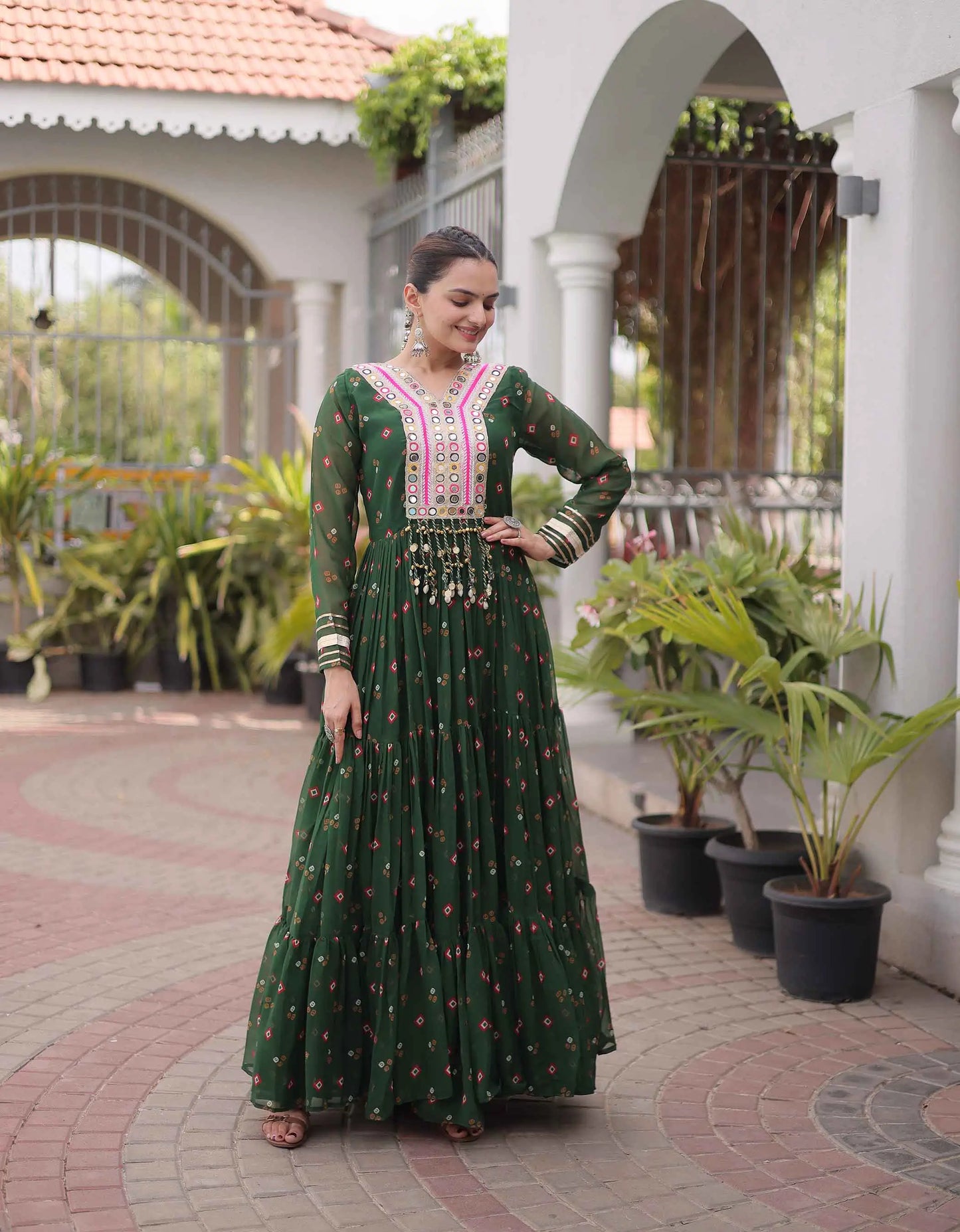Green Georgette Kutchi Work Navratri Gown