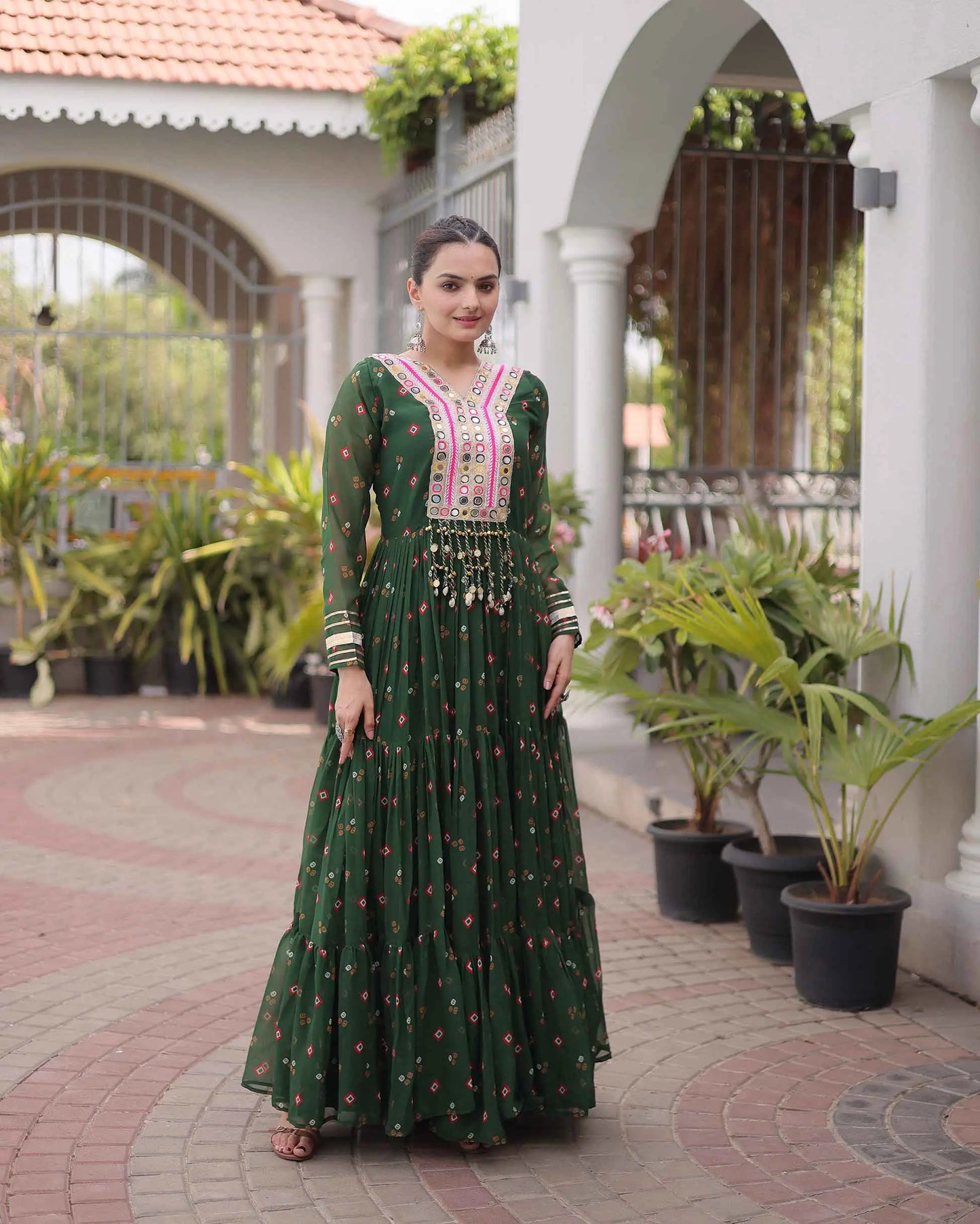 Green Georgette Kutchi Work Navratri Gown
