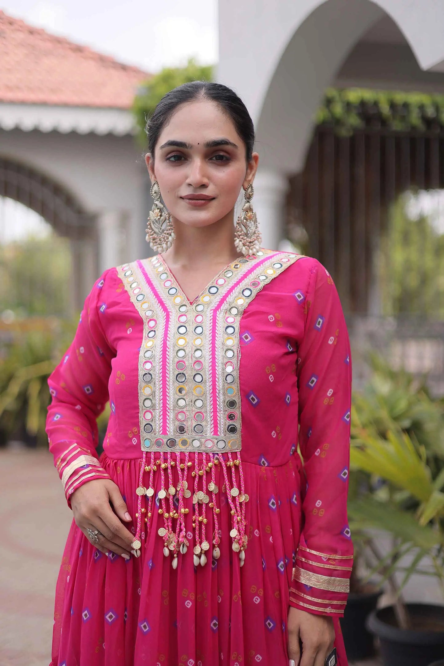 Pink Georgette Kutchi Work Navratri Gown