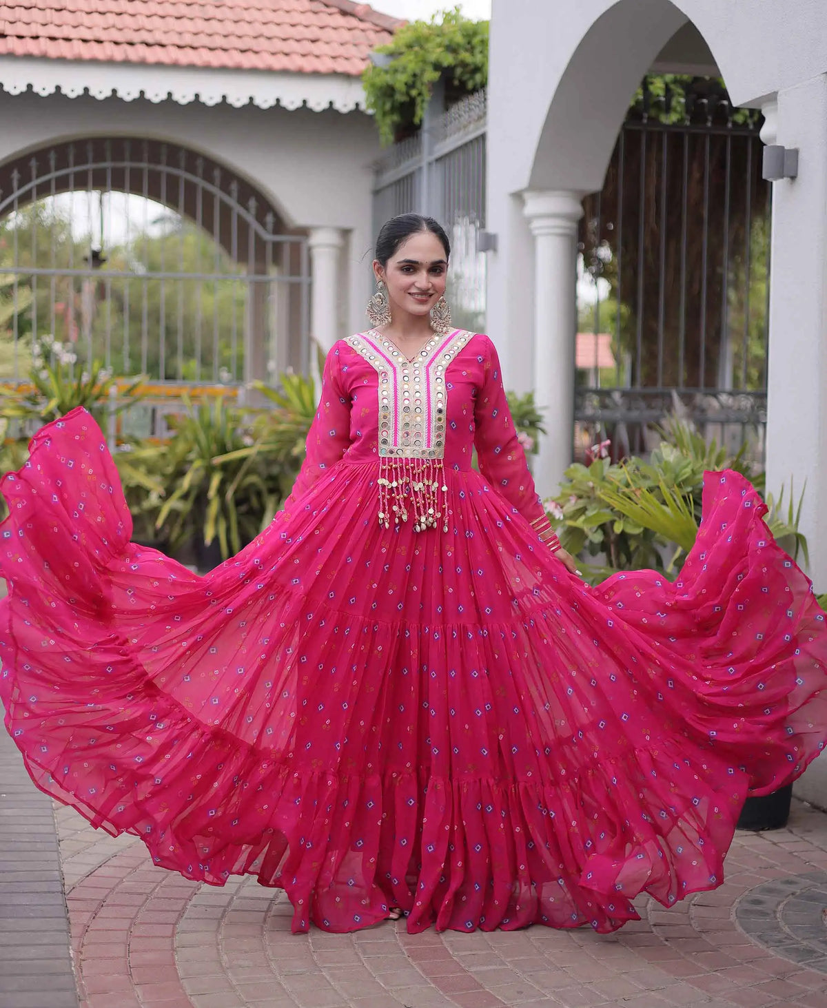 Pink Georgette Kutchi Work Navratri Gown