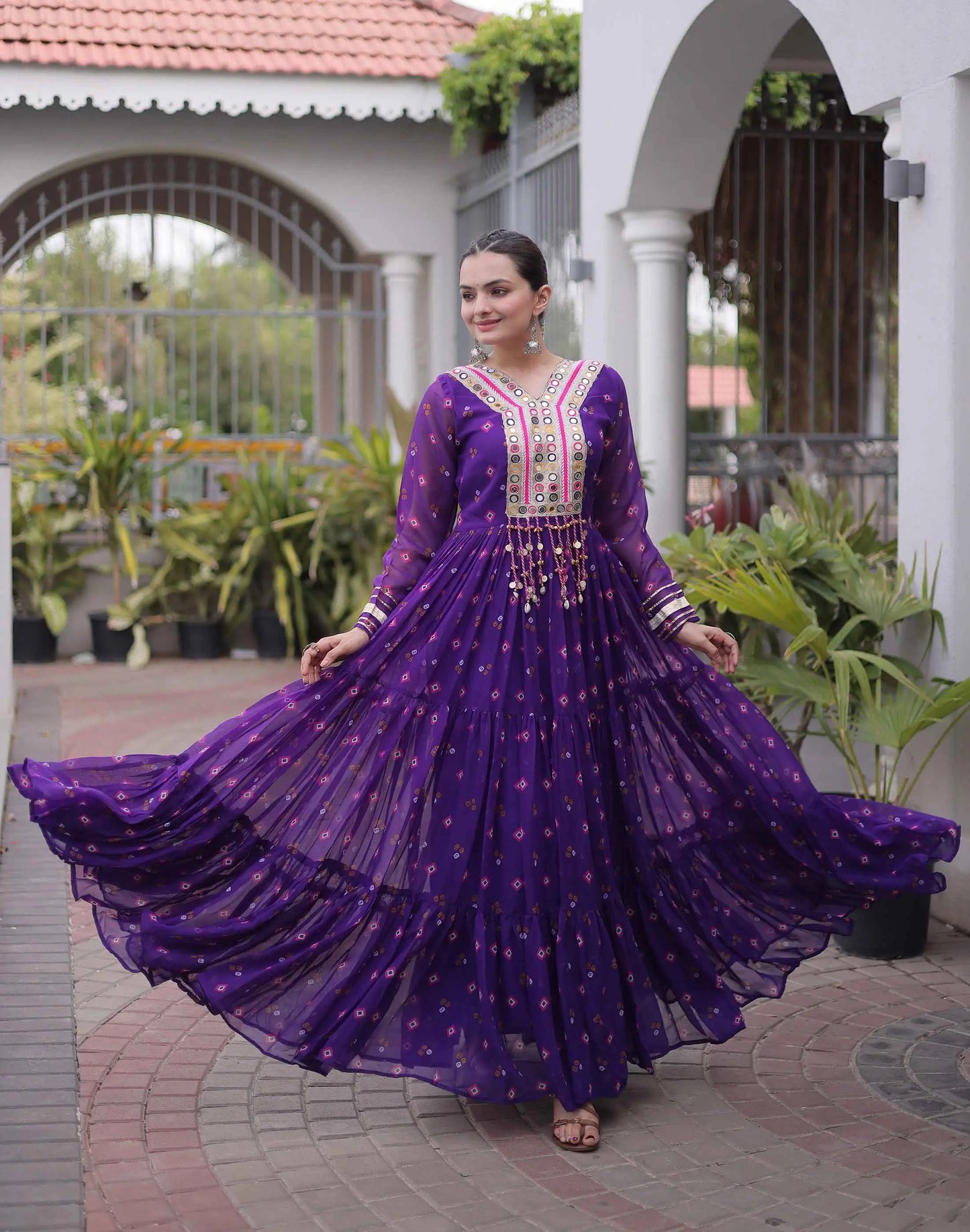 Purple Georgette Kutchi Work Navratri Gown