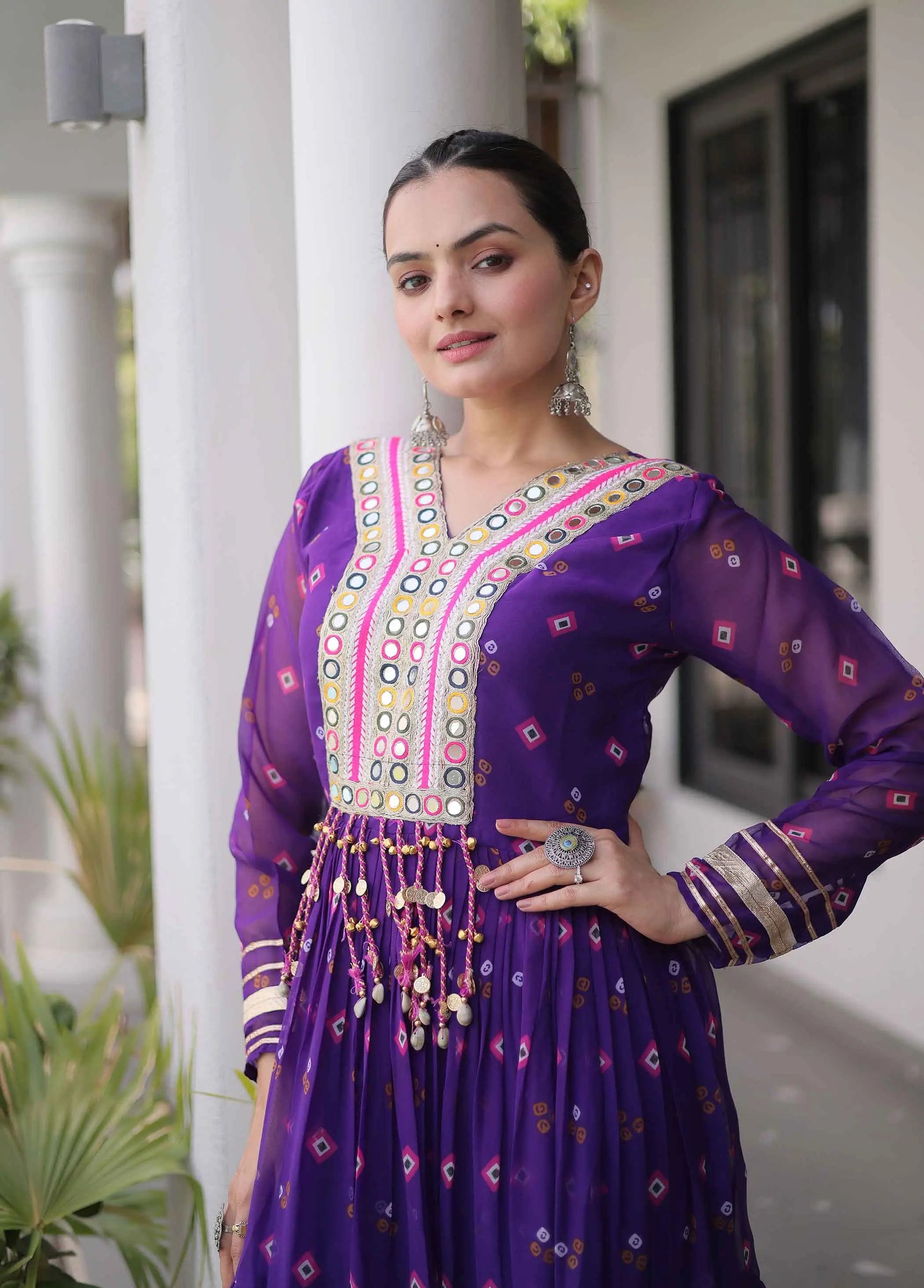 Purple Georgette Kutchi Work Navratri Gown