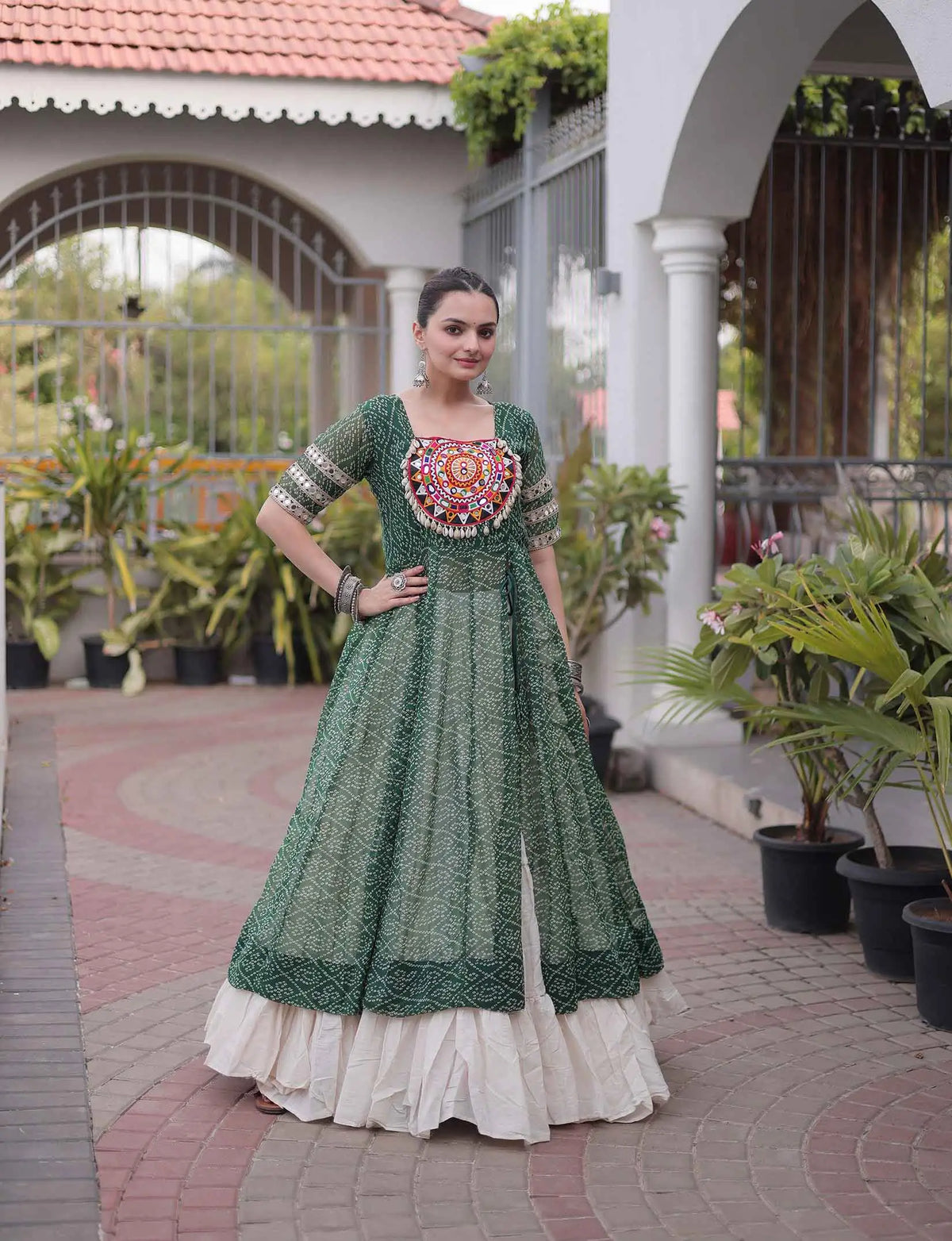 Green Bandhani Print Kurti Lehenga For Navratri