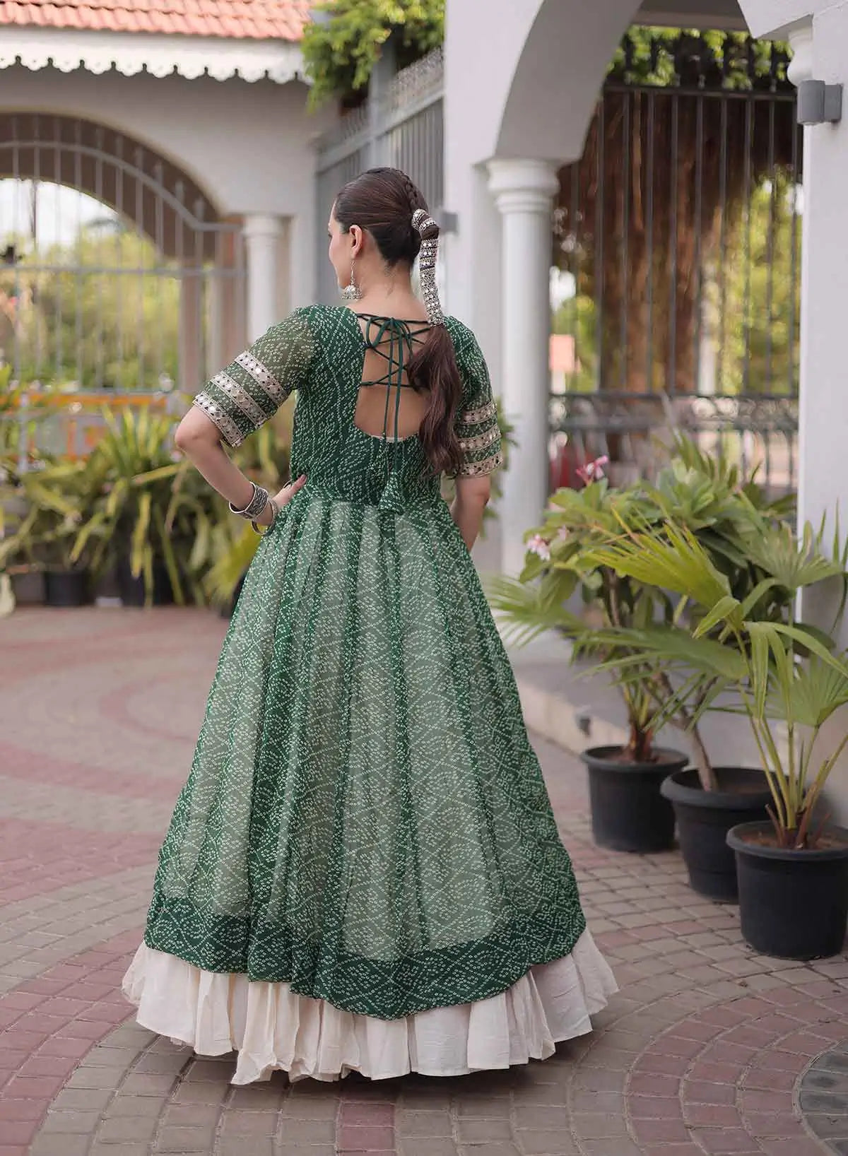 Green Bandhani Print Kurti Lehenga For Navratri