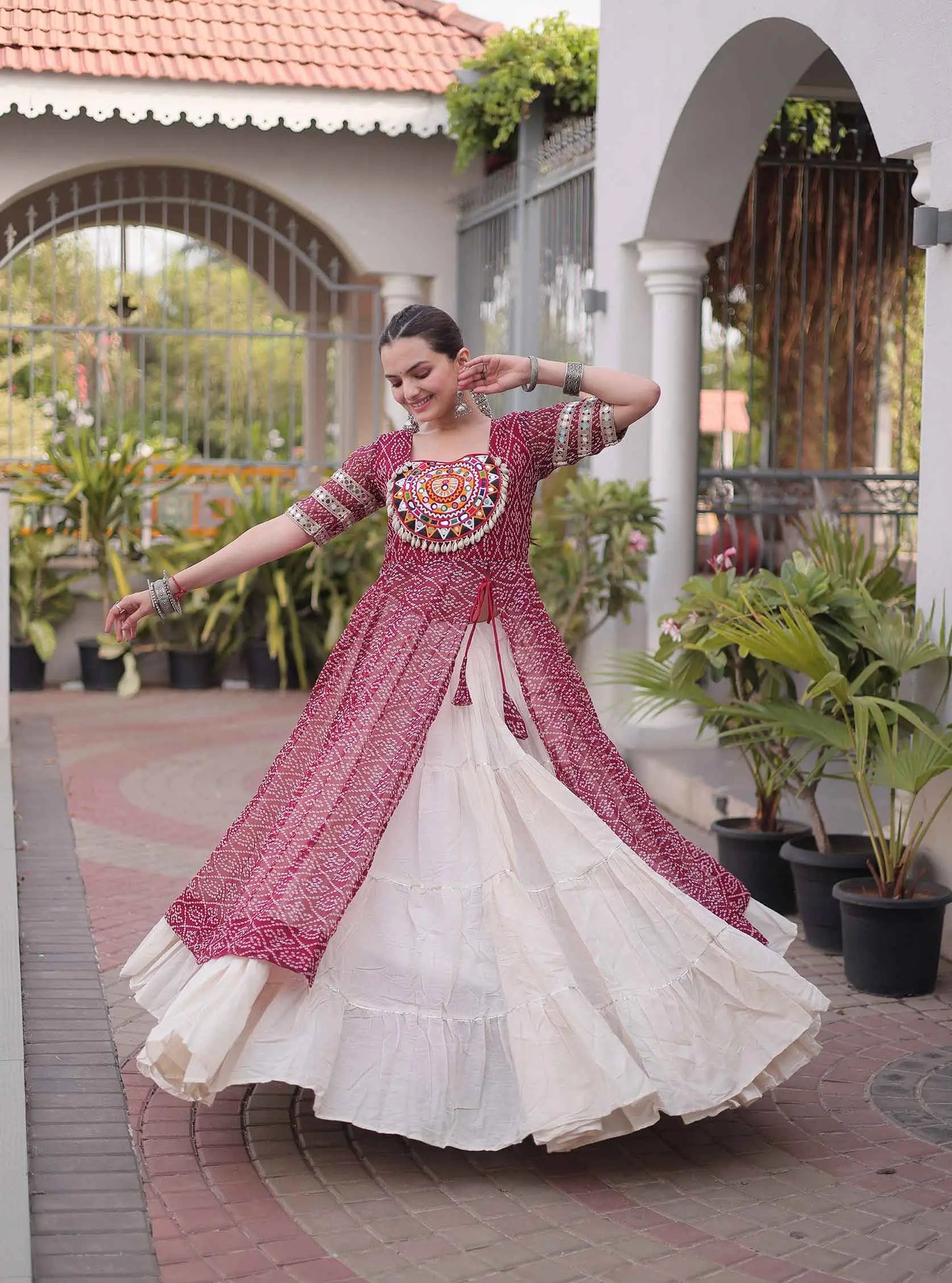 Maroon Bandhani Print Kurti Lehenga For Navratri