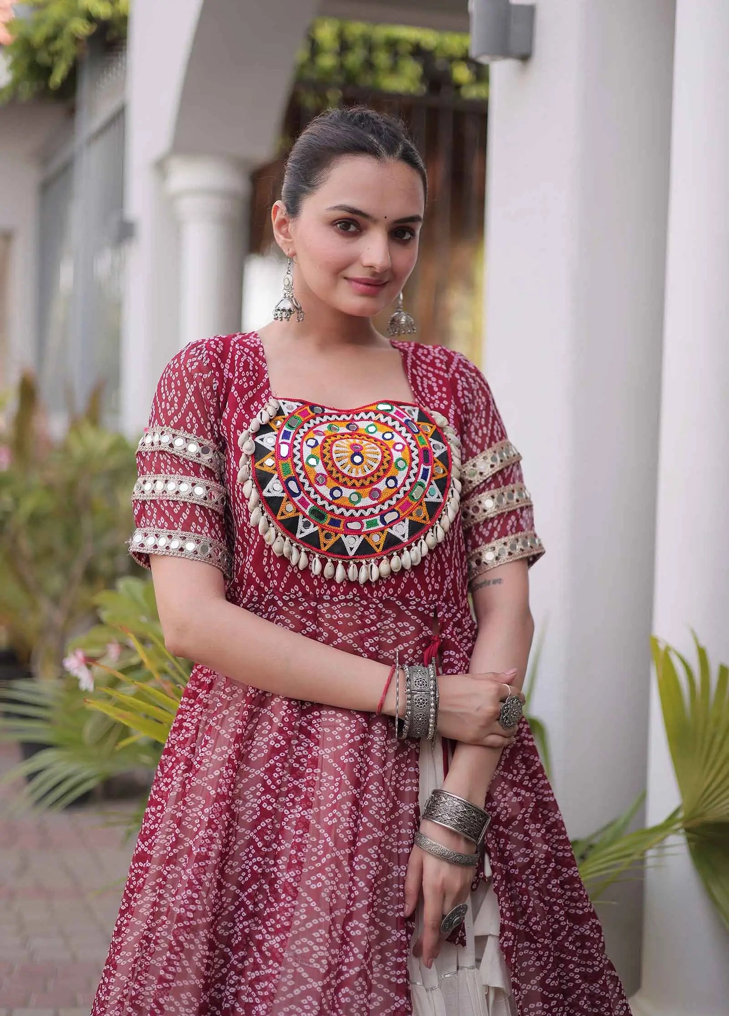 Maroon Bandhani Print Kurti Lehenga For Navratri