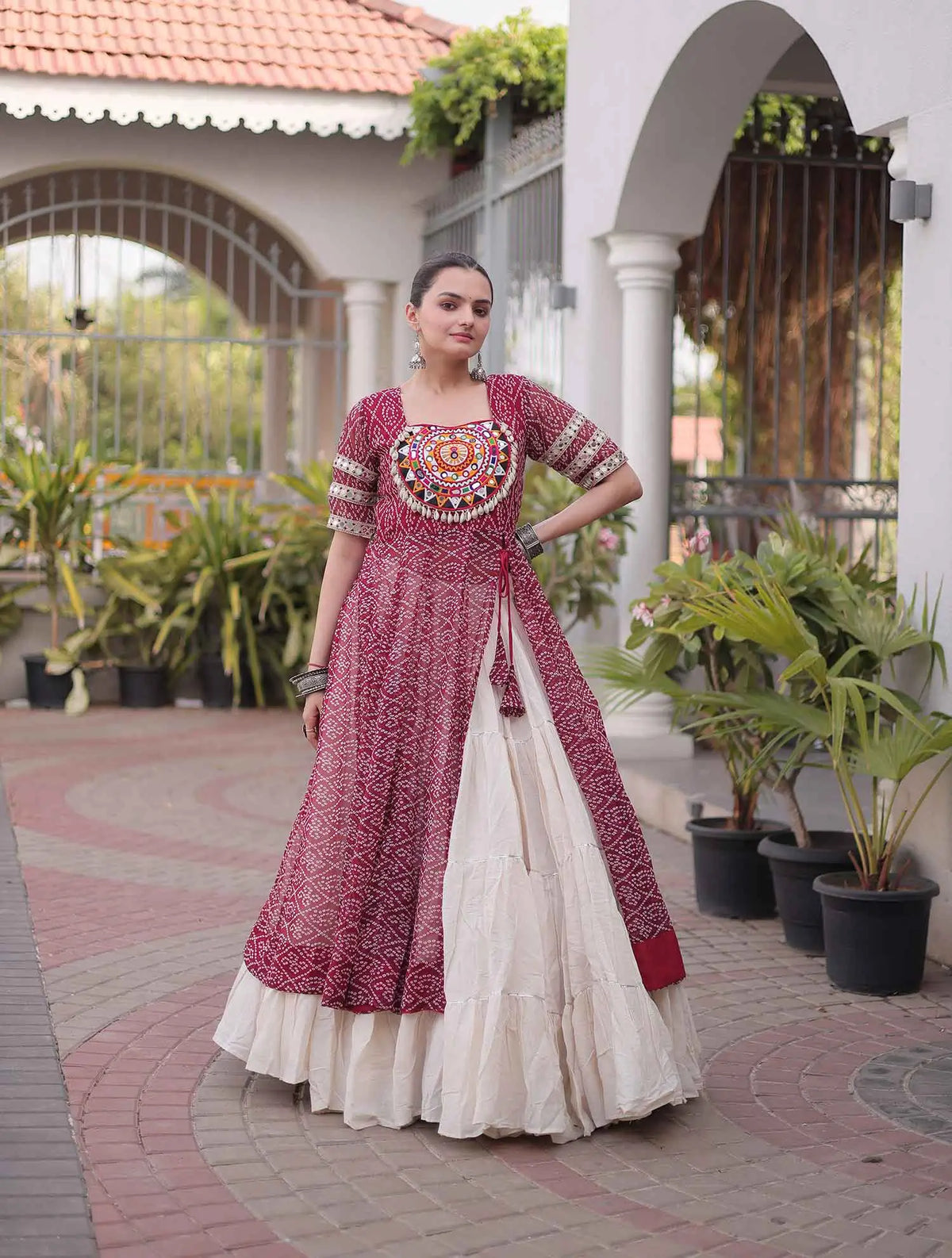 Maroon Bandhani Print Kurti Lehenga For Navratri