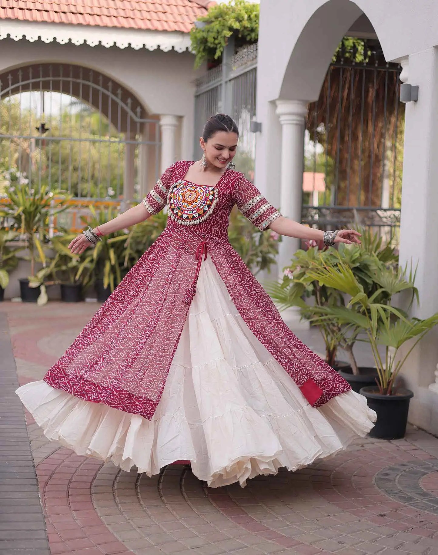 Maroon Bandhani Print Kurti Lehenga For Navratri