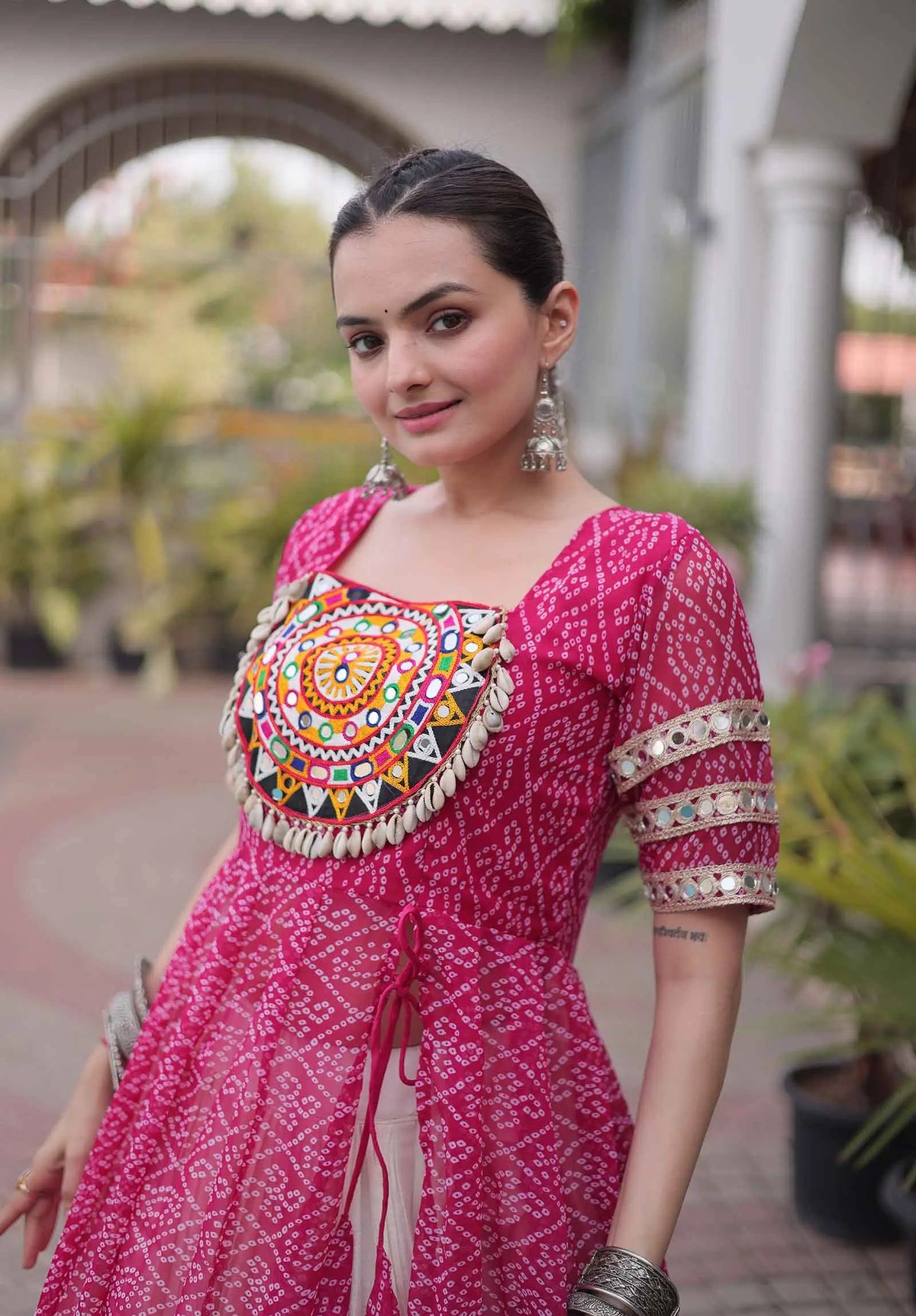 Pink Bandhani Print Kurti Lehenga For Navratri