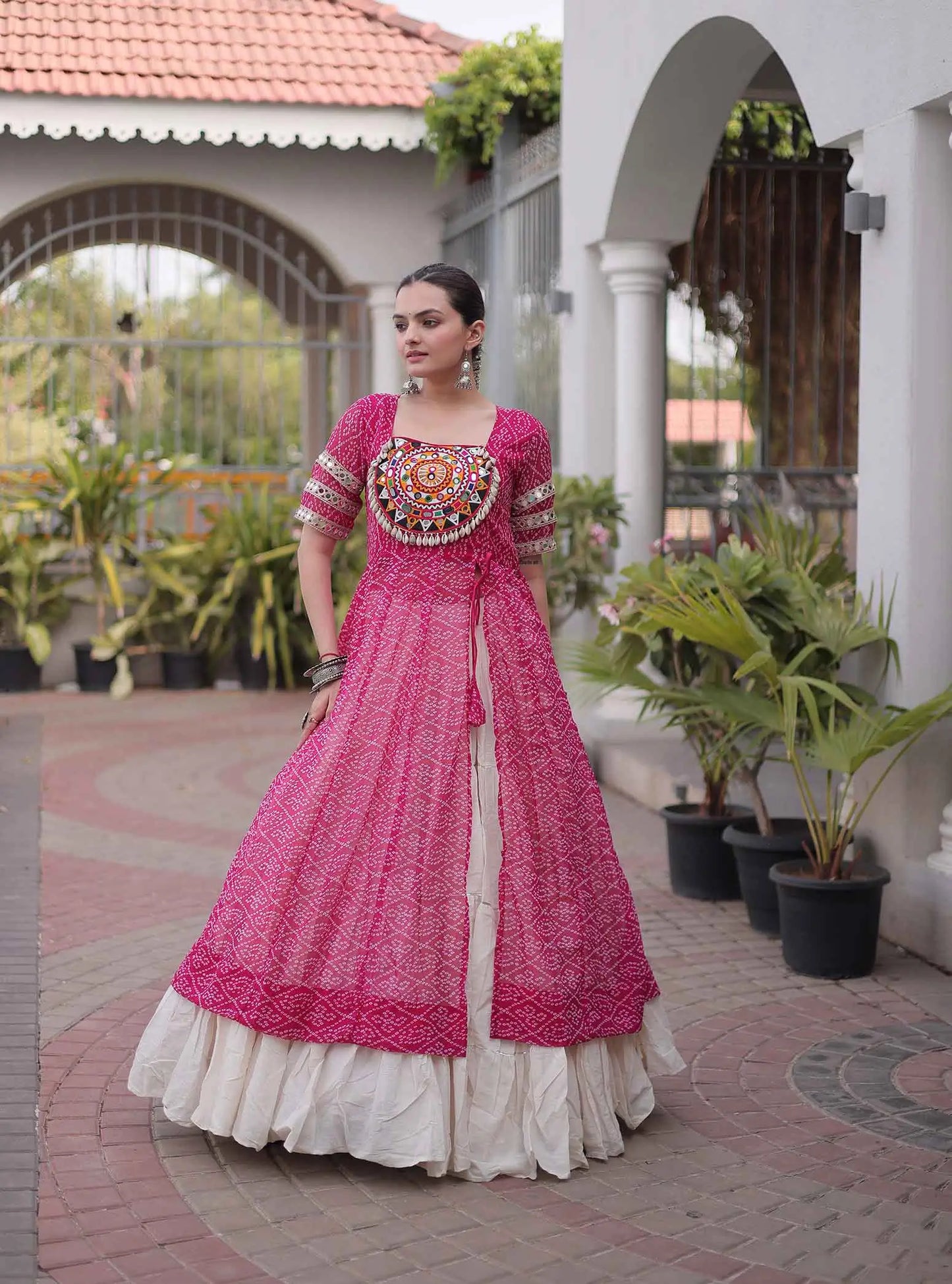 Pink Bandhani Print Kurti Lehenga For Navratri