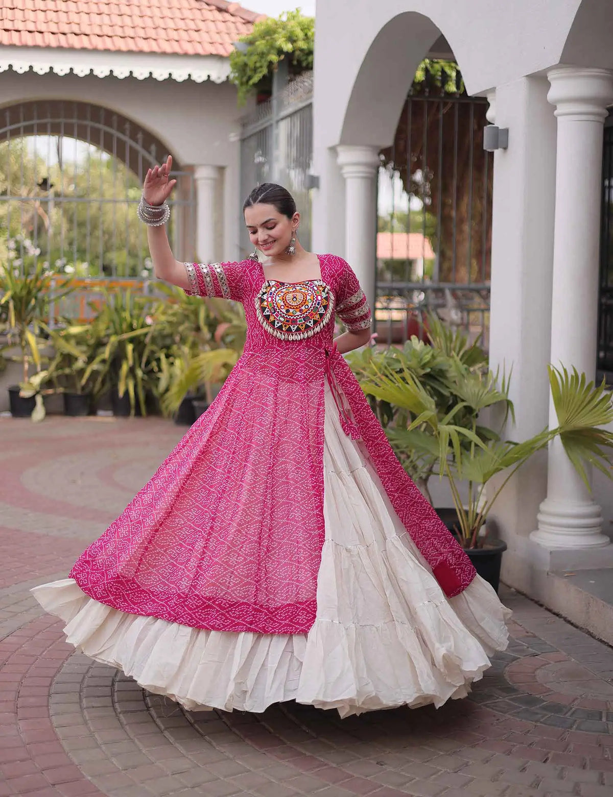 Pink Bandhani Print Kurti Lehenga For Navratri
