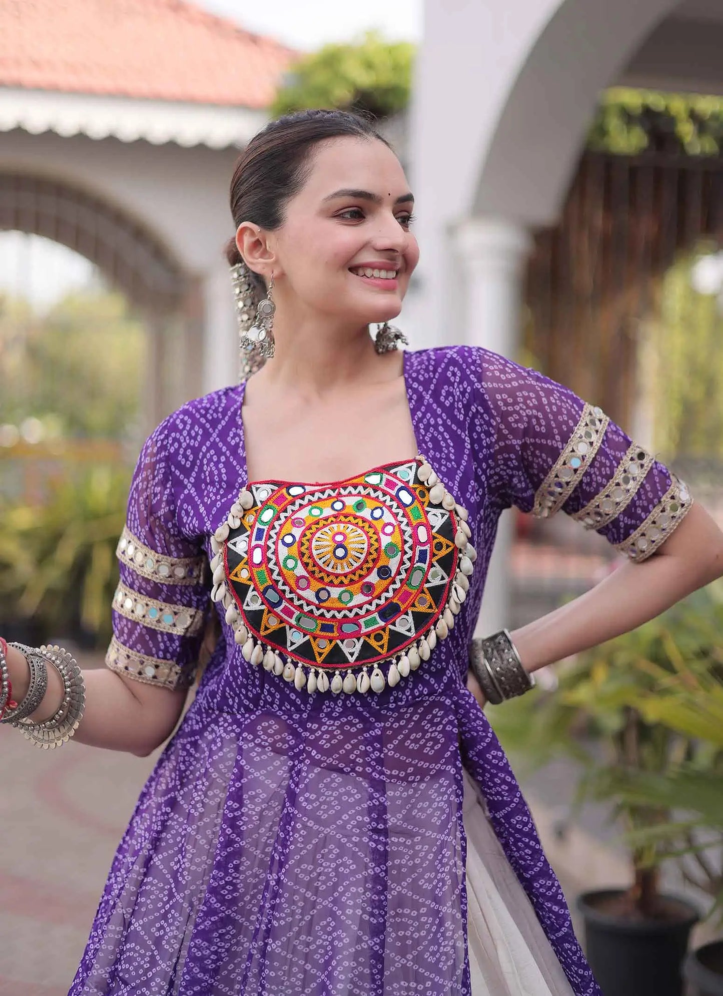 Purple Bandhani Print Kurti Lehenga For Navratri