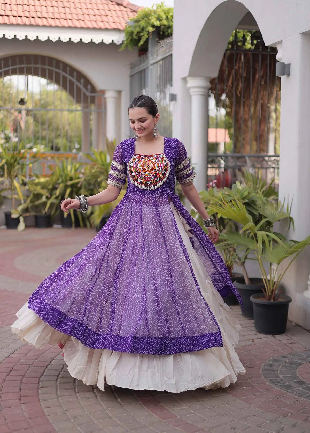Purple Bandhani Print Kurti Lehenga For Navratri