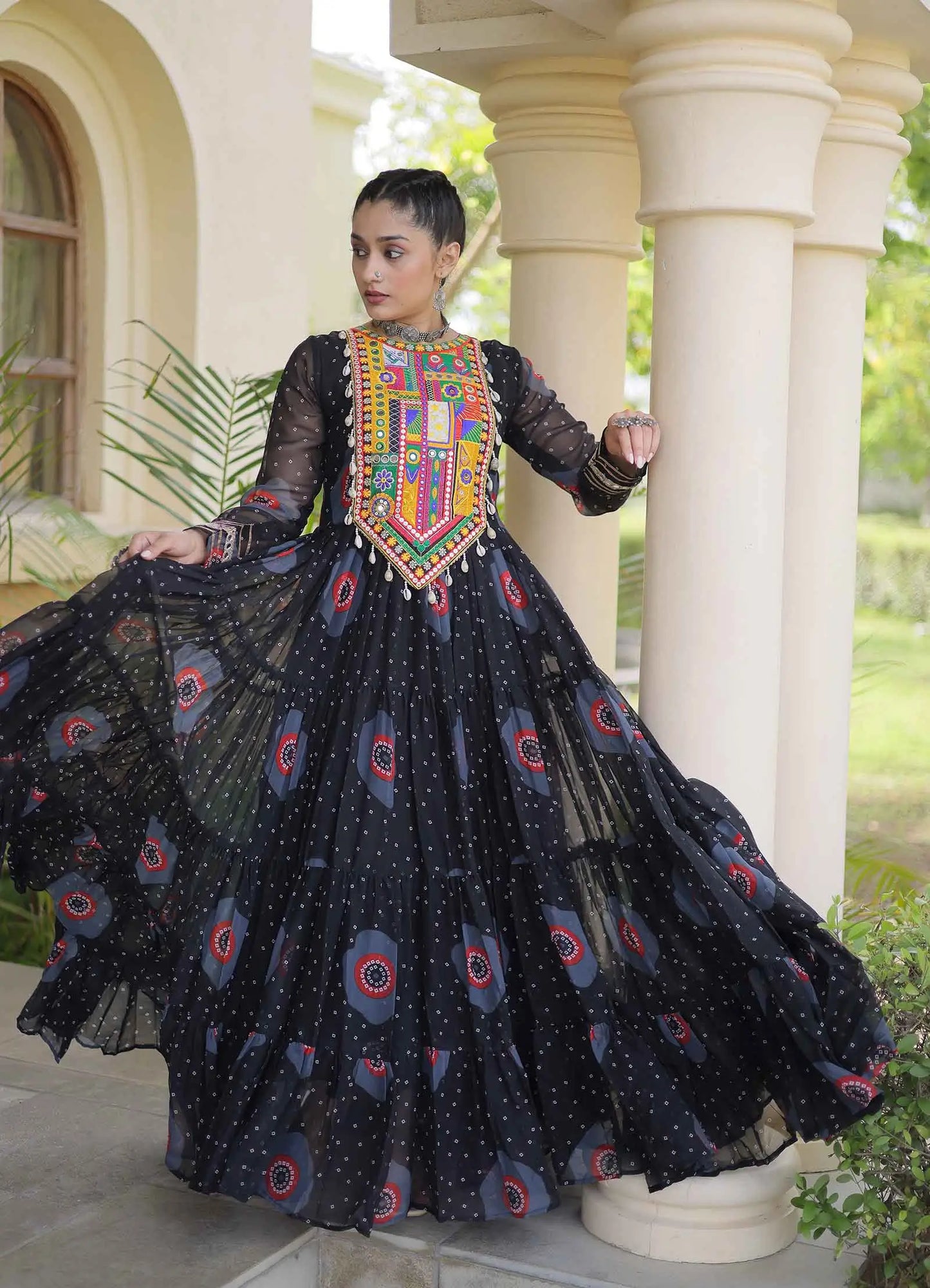 Black Bandhani Print Kutchi Work Gown