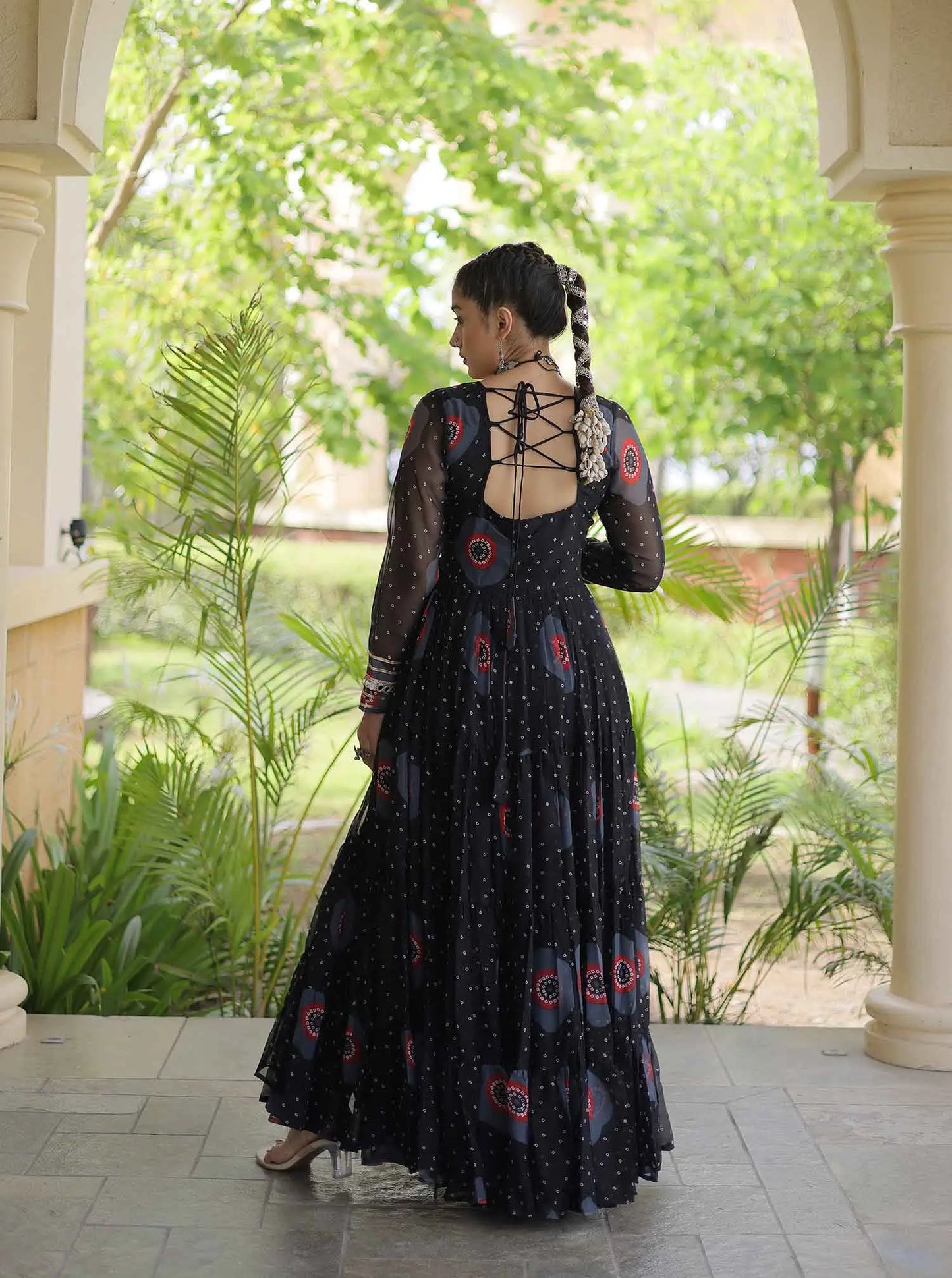 Black Bandhani Print Kutchi Work Gown