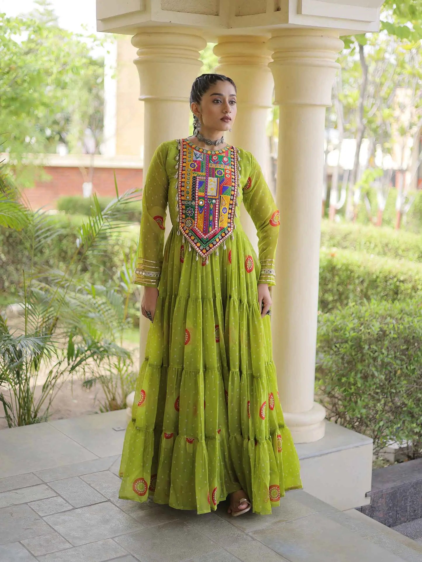 Parrot Bandhani Print Kutchi Work Gown