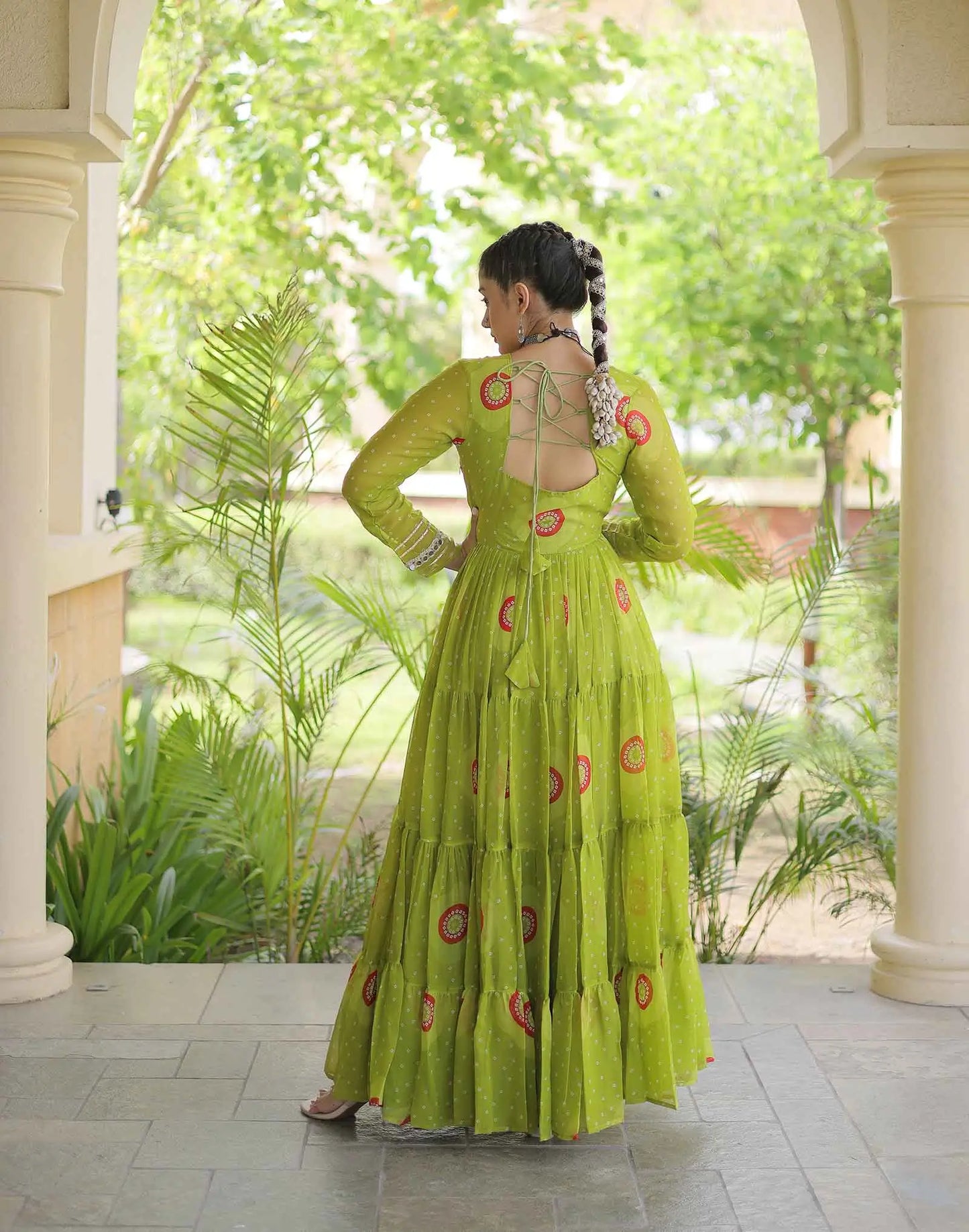 Parrot Bandhani Print Kutchi Work Gown