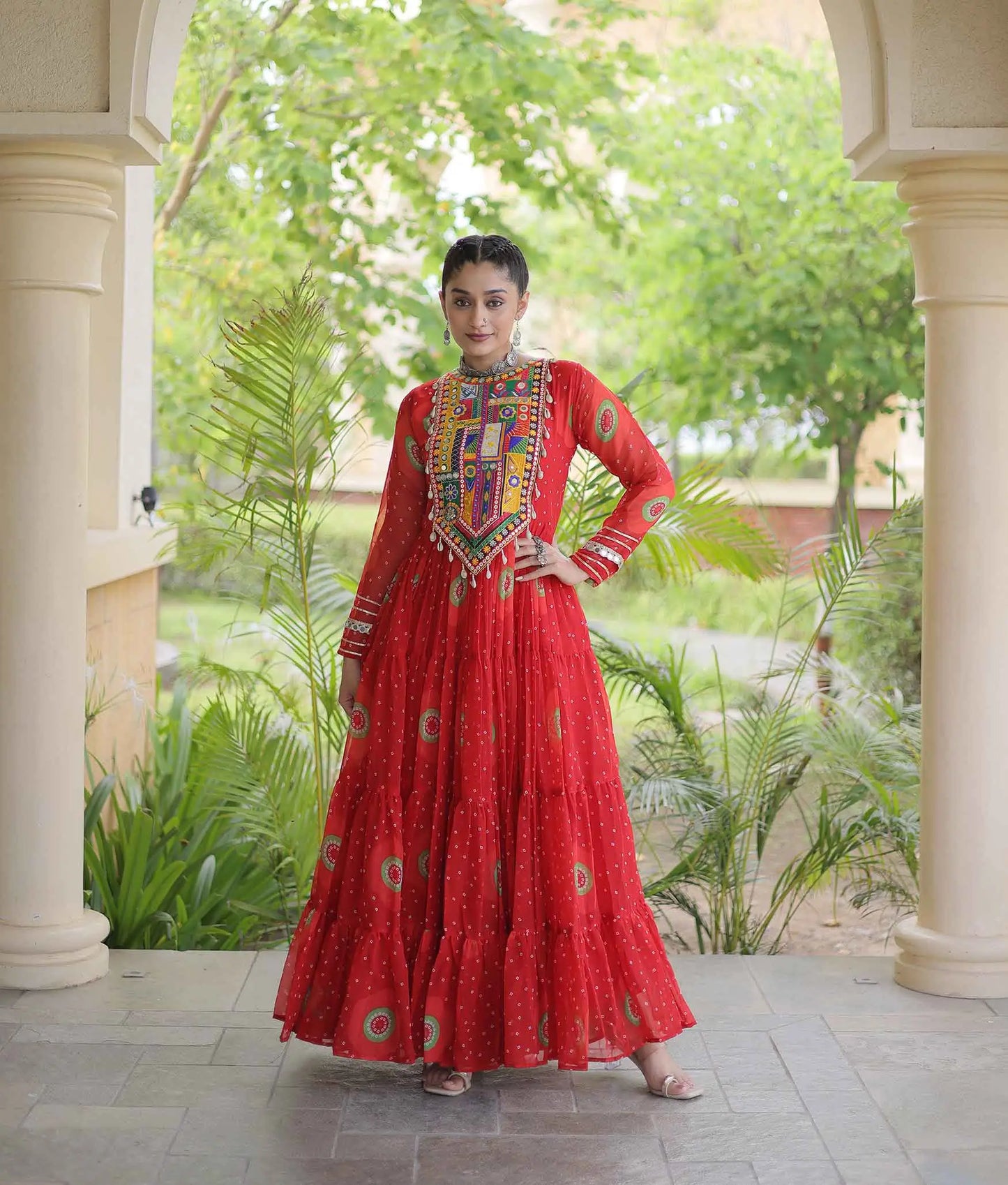 Red Bandhani Print Kutchi Work Gown