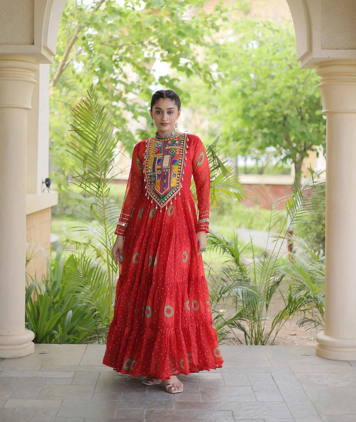 Red Bandhani Print Kutchi Work Gown