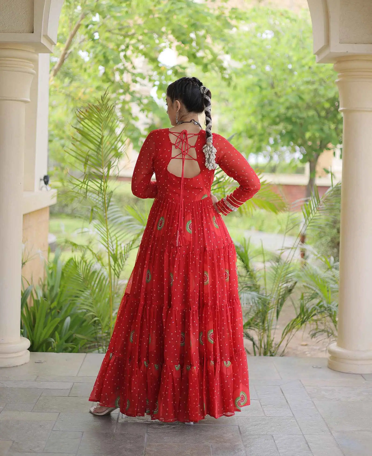 Red Bandhani Print Kutchi Work Gown