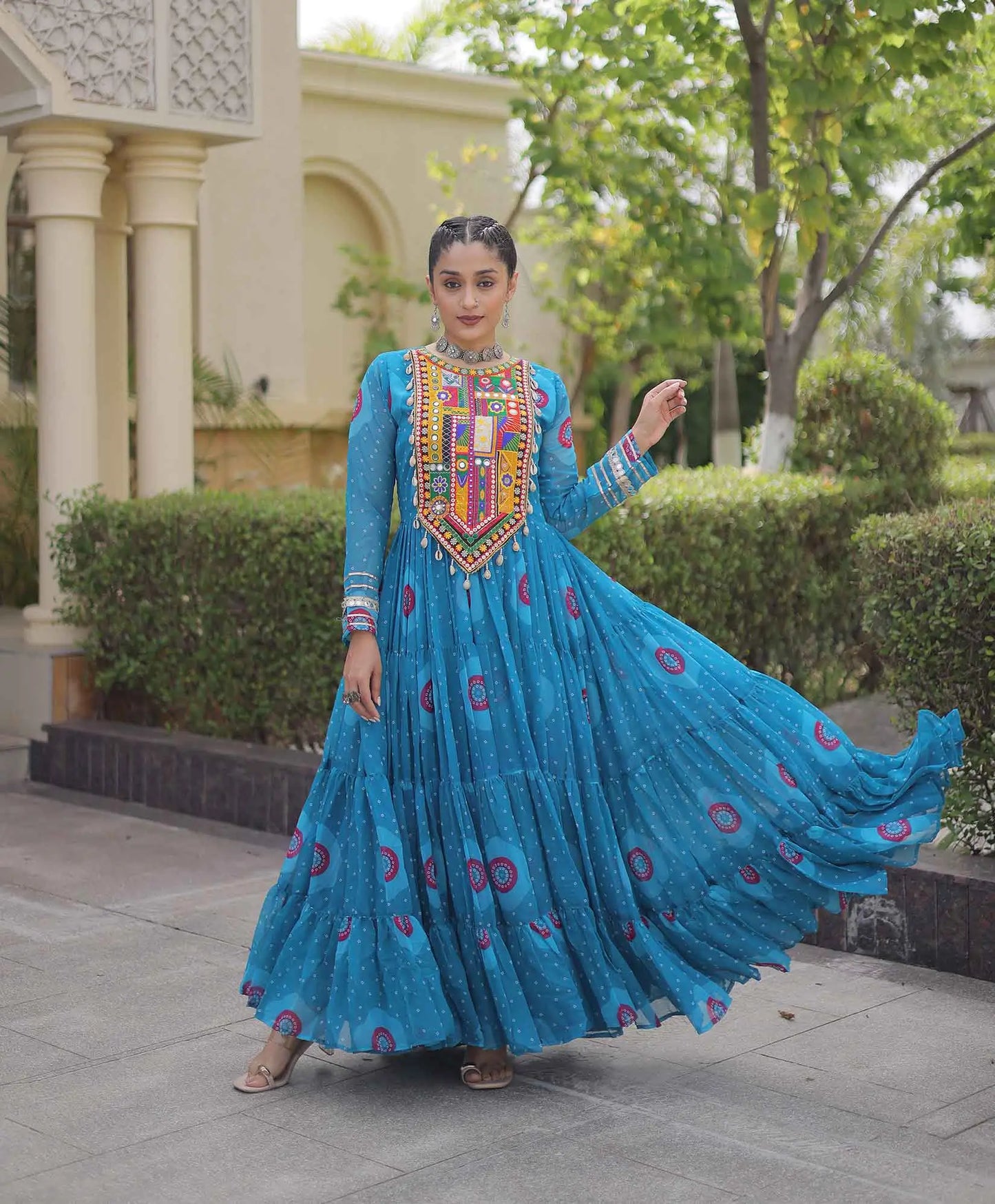 Sky Bandhani Print Kutchi Work Gown