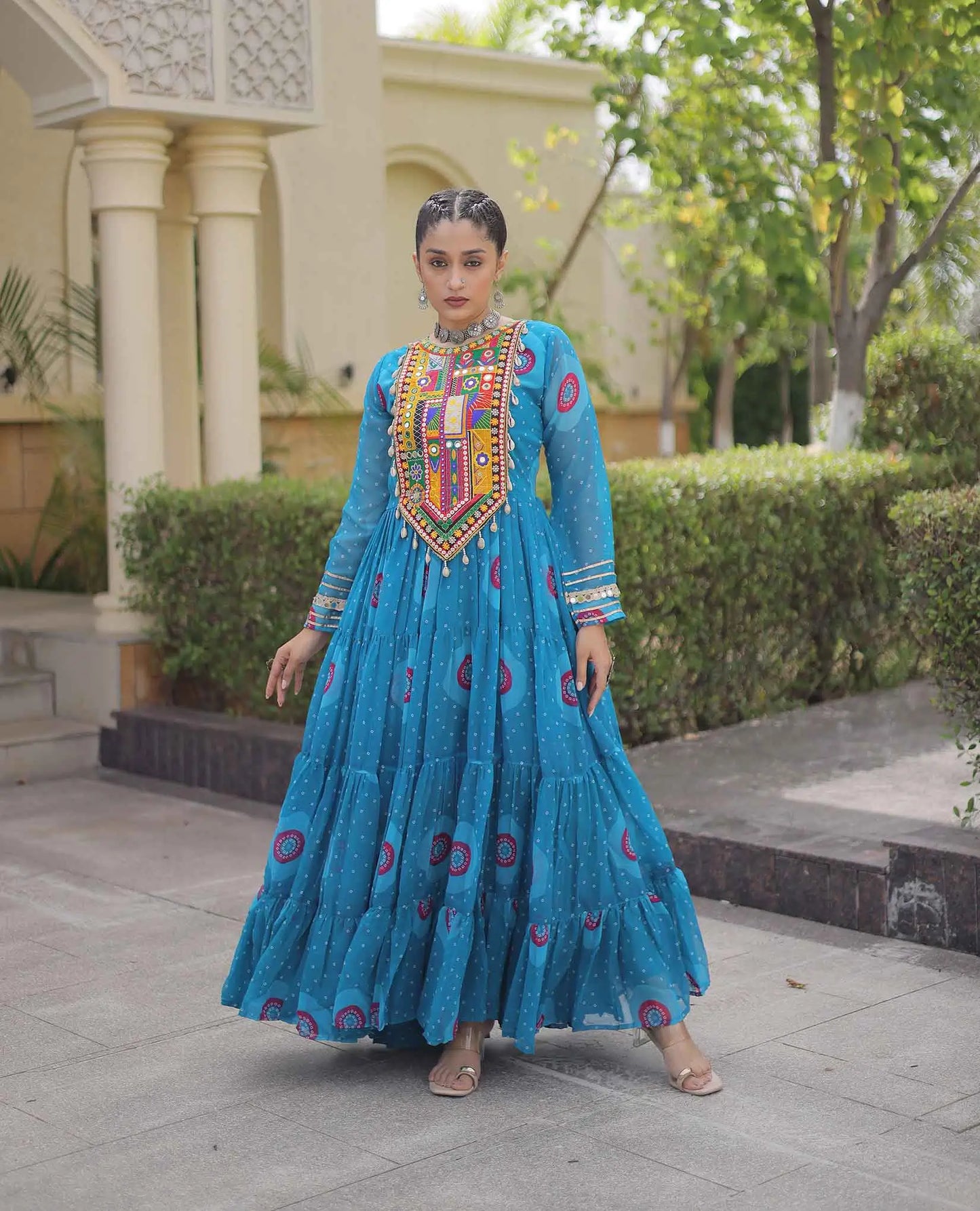 Sky Bandhani Print Kutchi Work Gown