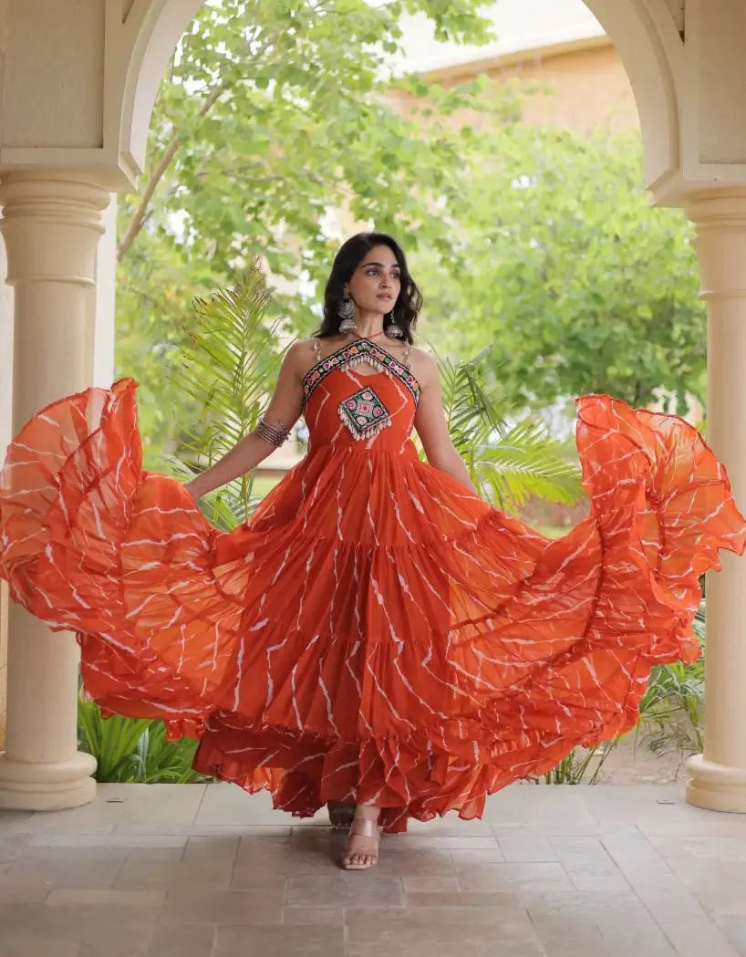 Orange Laheriya Print with kutchi patchework Gown For Navratri