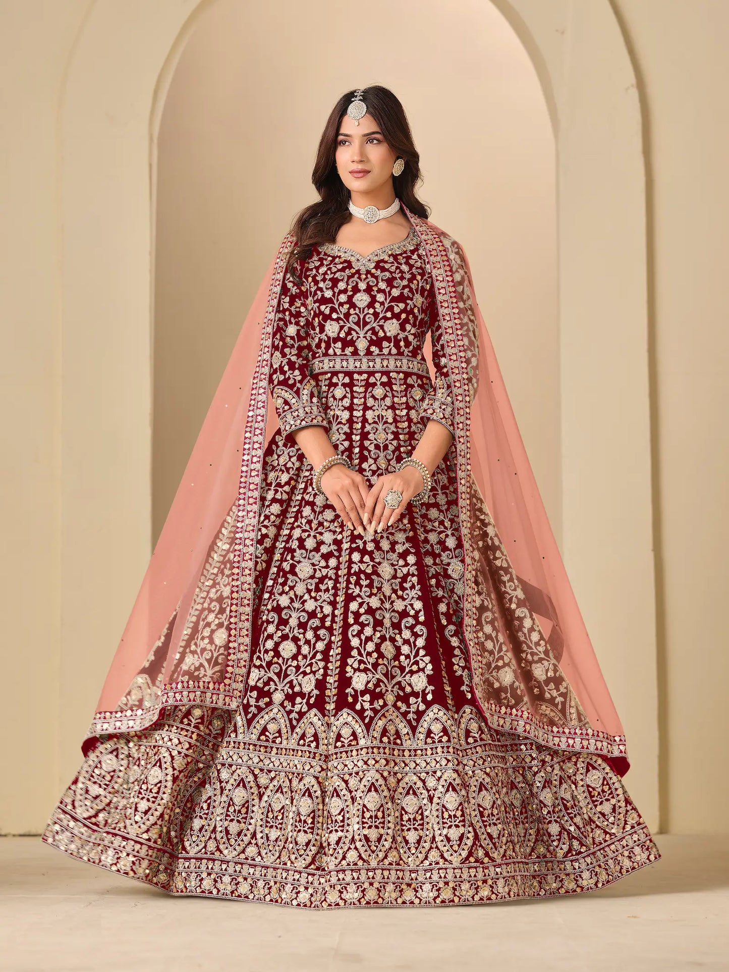Maroon Velvet Heavy Embroidered Gown