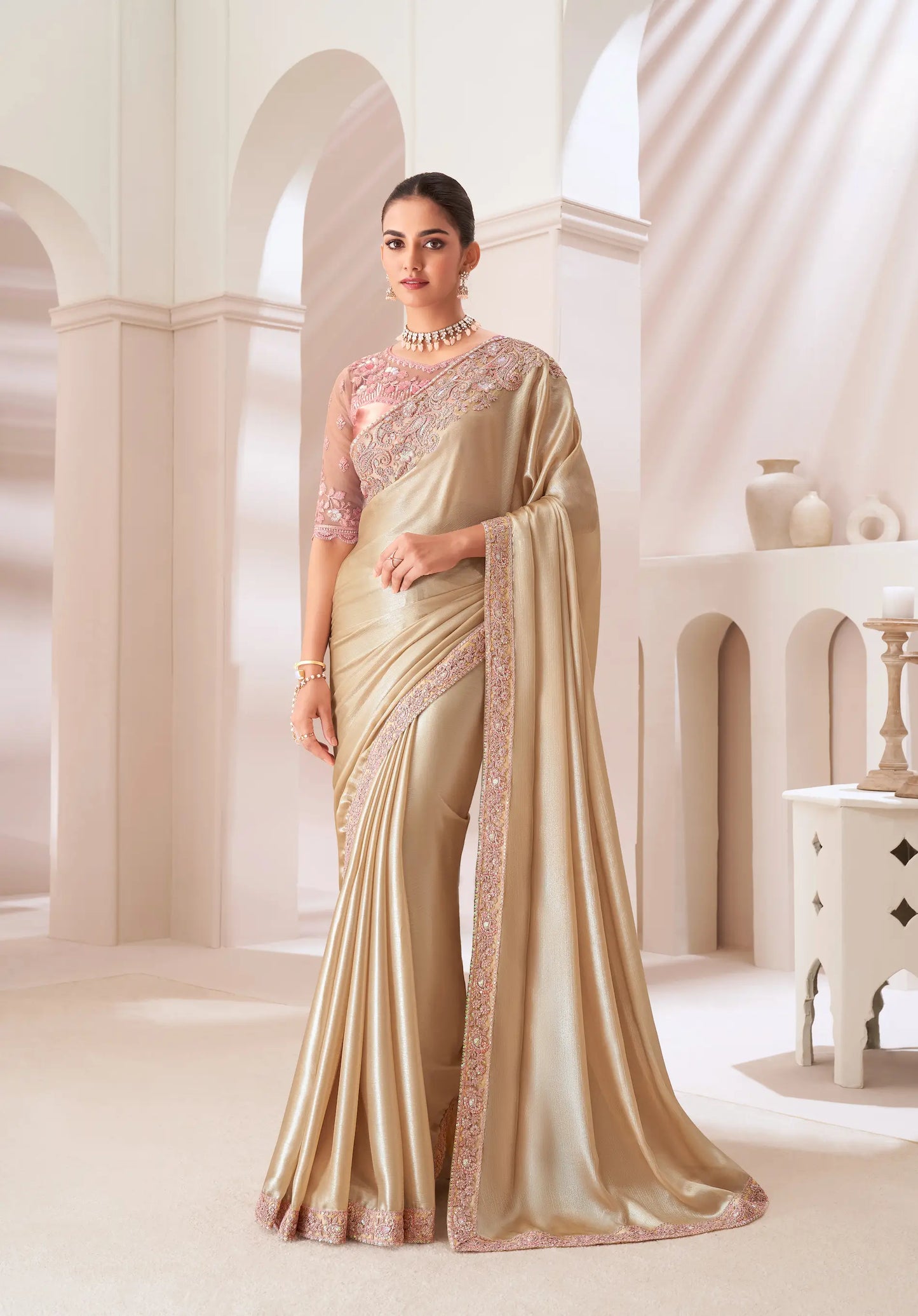 Golden Satin Chiffon Party Wear Saree With Sequence & Thread Embroidery Work