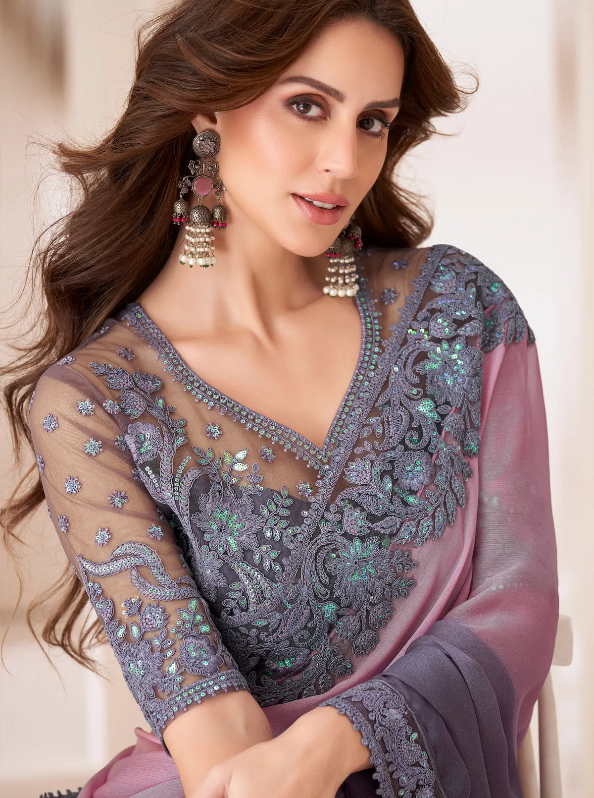 Dusty Shaded Chiffon Party Wear Saree With Sequence & Thread Embroidery Work