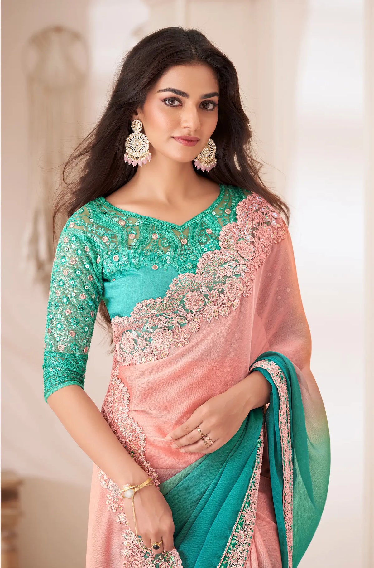 Shaded Chiffon Party Wear Saree With Sequence & Thread Embroidery Work