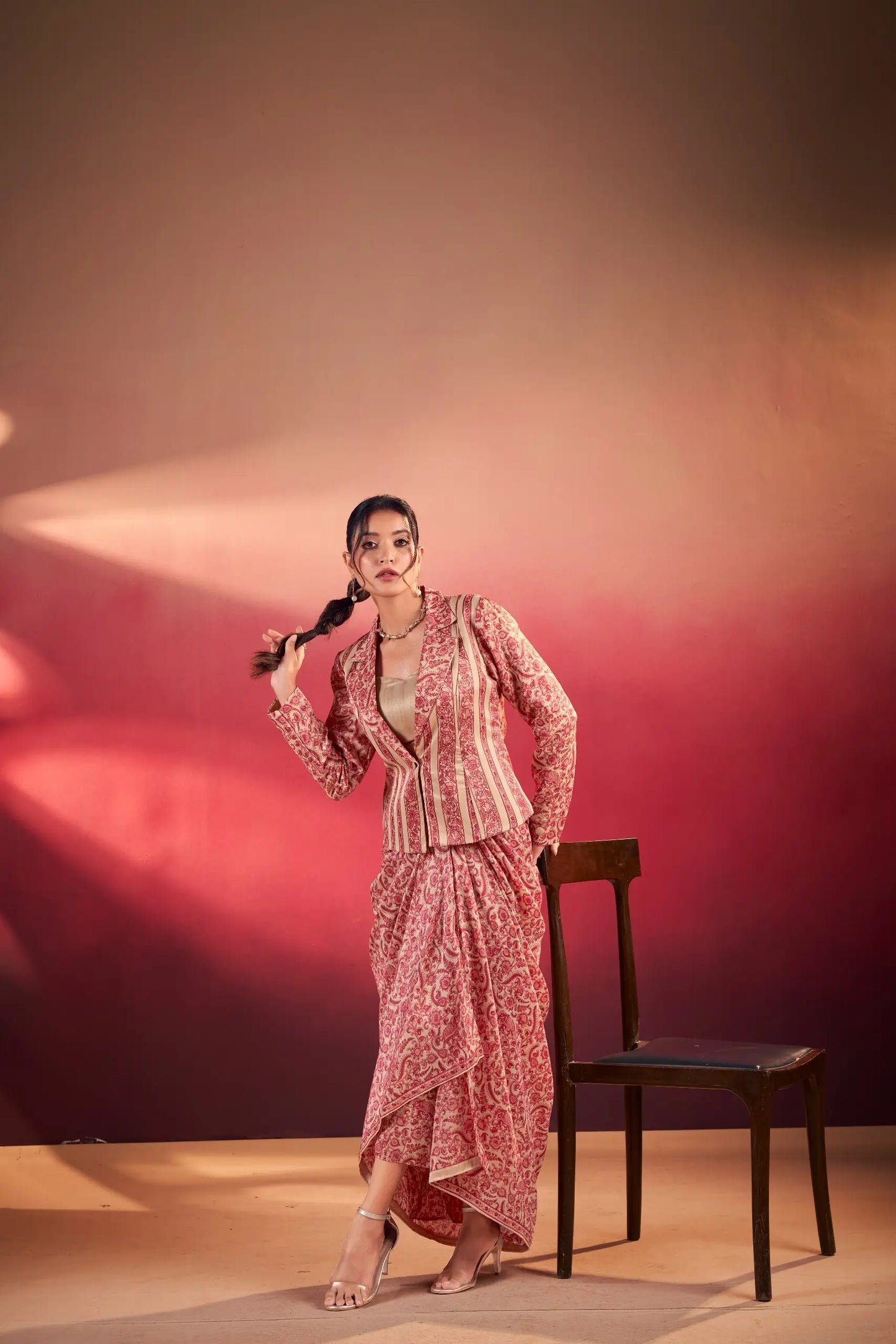 Peach Tasar Silk Stylish Indo-Western