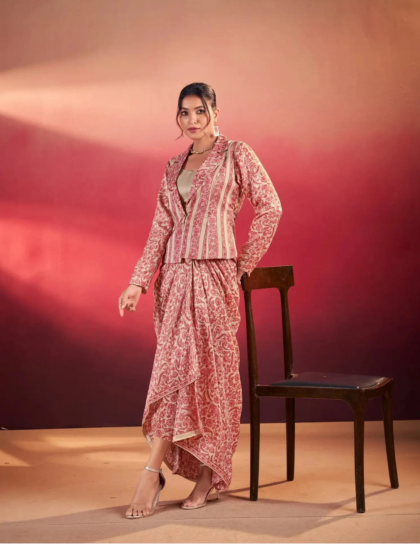 Peach Tasar Silk Stylish Indo-Western