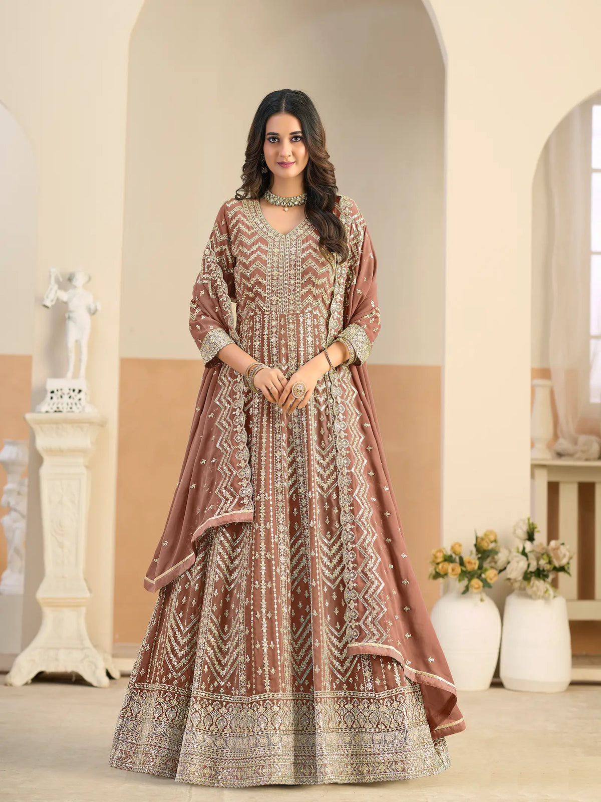 Rust Brown Georgette Embroidery Gown