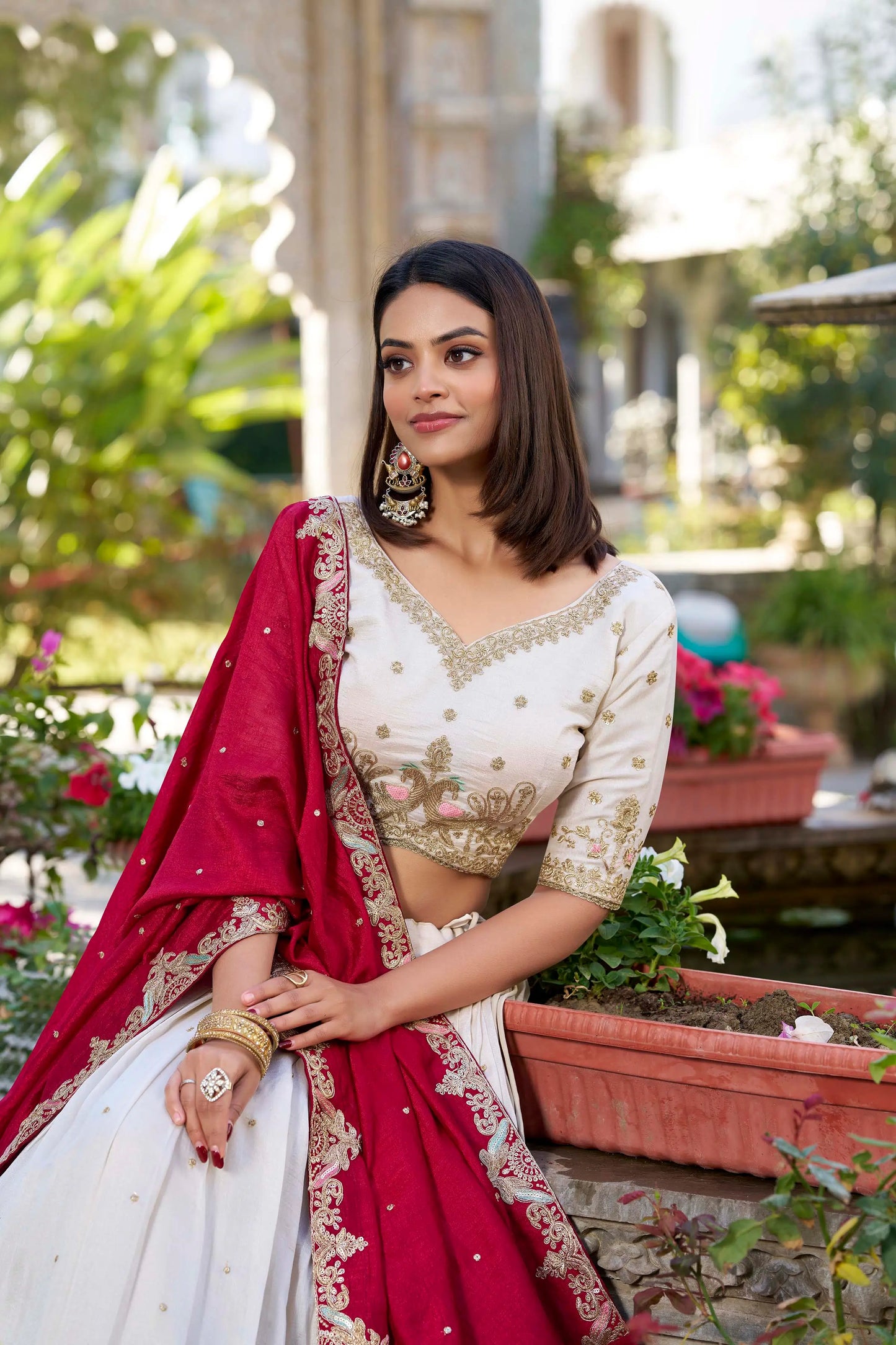 Off White Vichitra Silk Lehenga Choli Sequins and Thread Embroidery Work