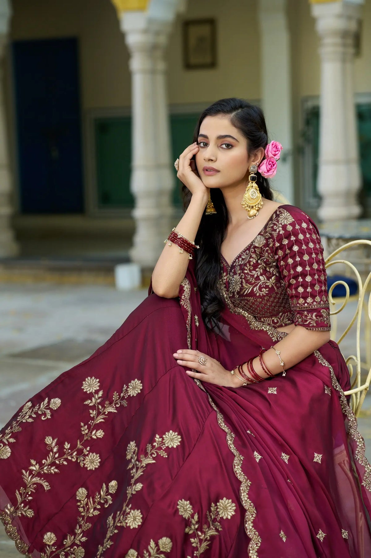 Dark Maroon Embroidered Lehenga Choli