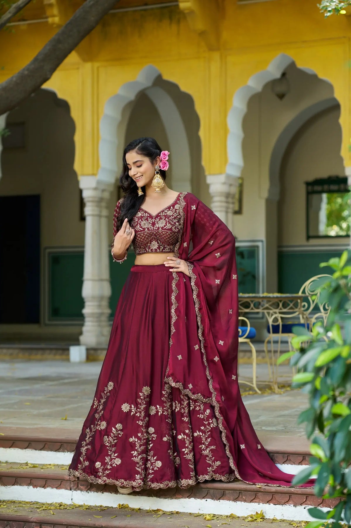 Dark Maroon Embroidered Lehenga Choli