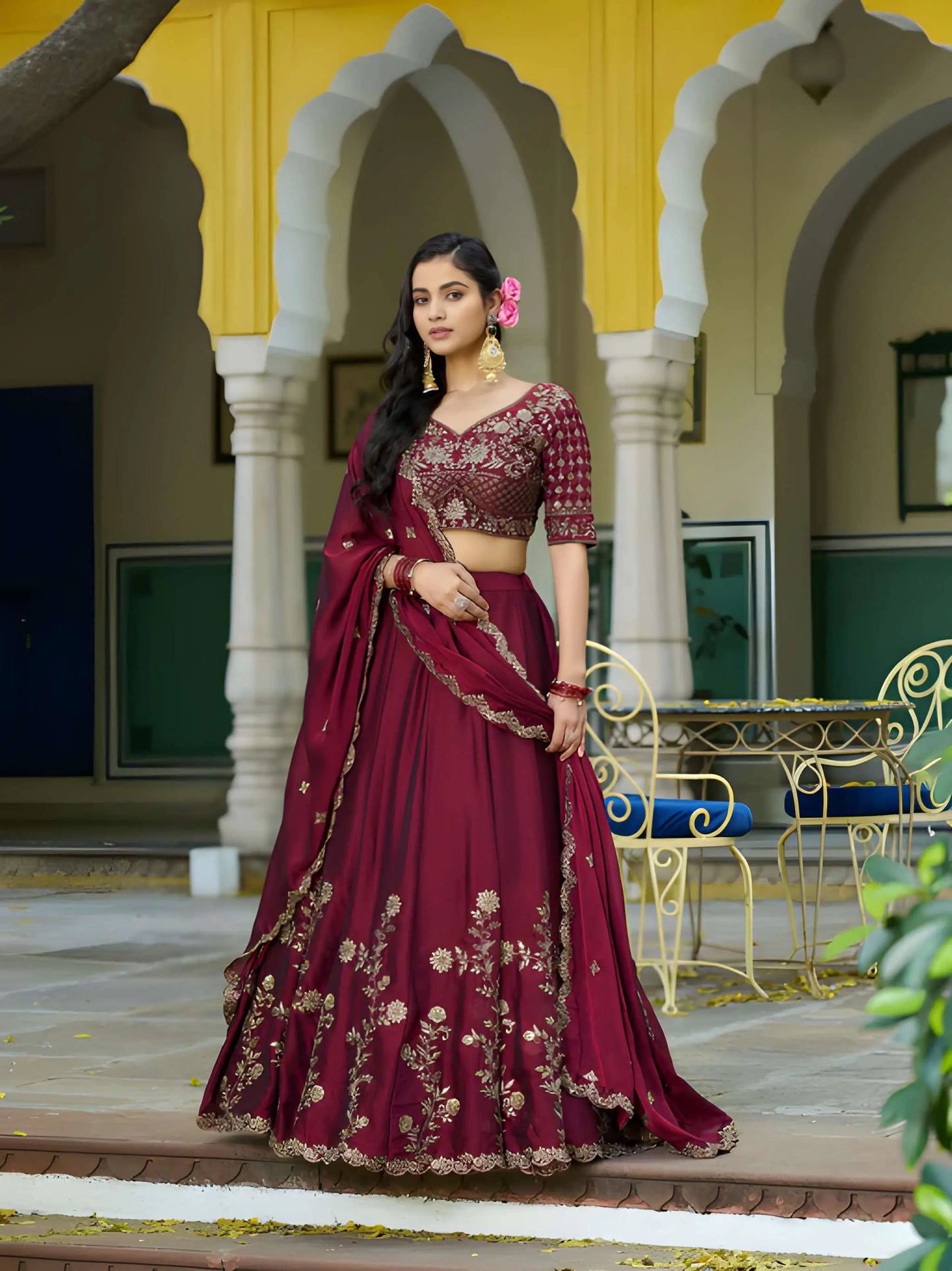 Dark Maroon Embroidered Lehenga Choli