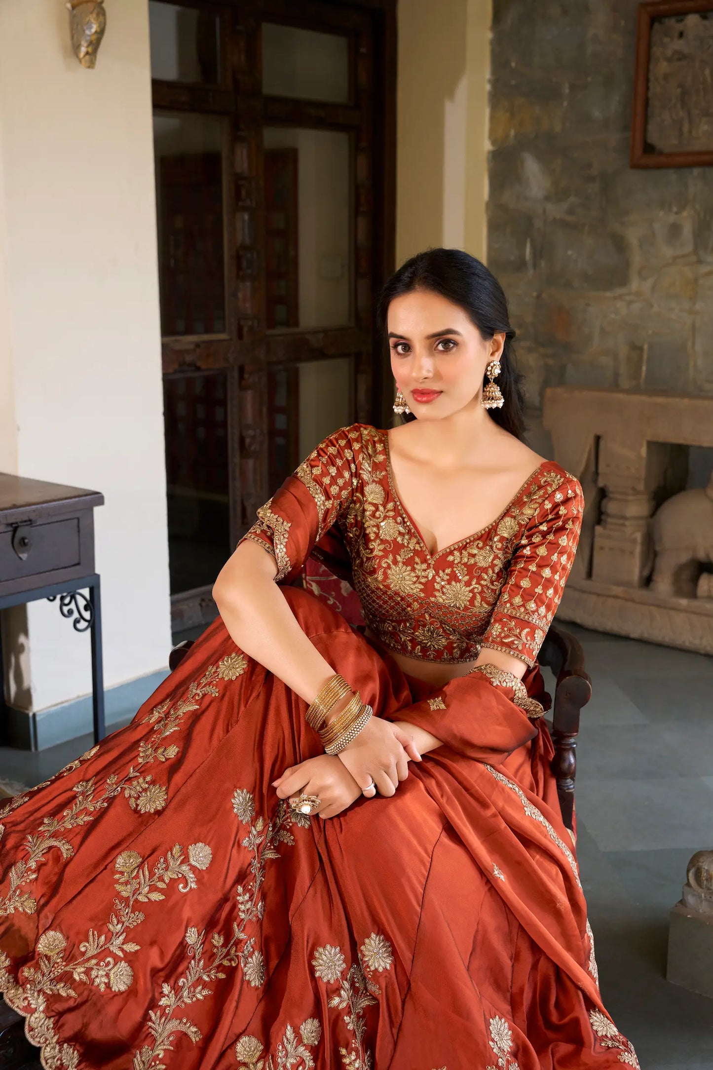 Rust Orange Embroidered Lehenga Choli