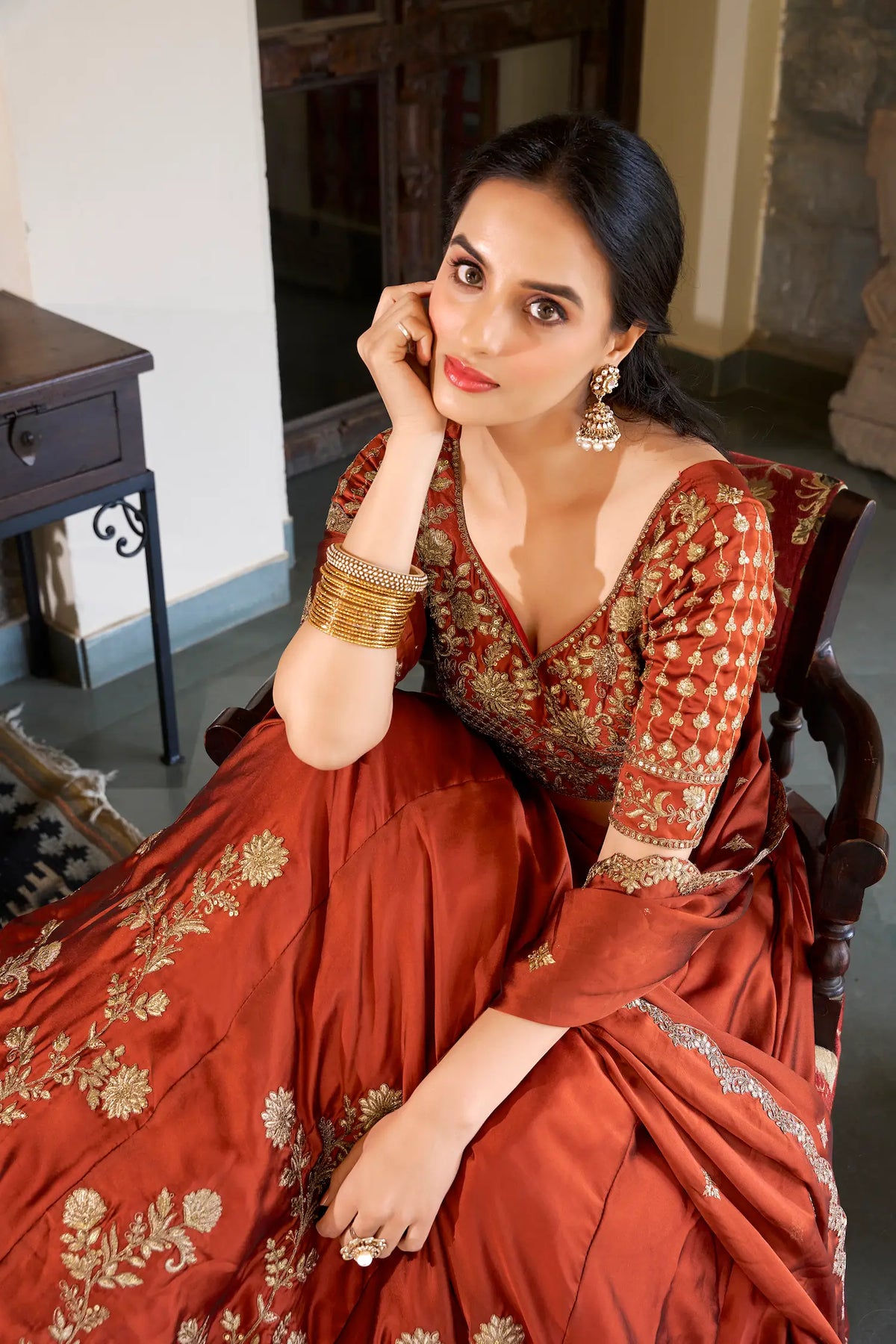Rust Orange Embroidered Lehenga Choli