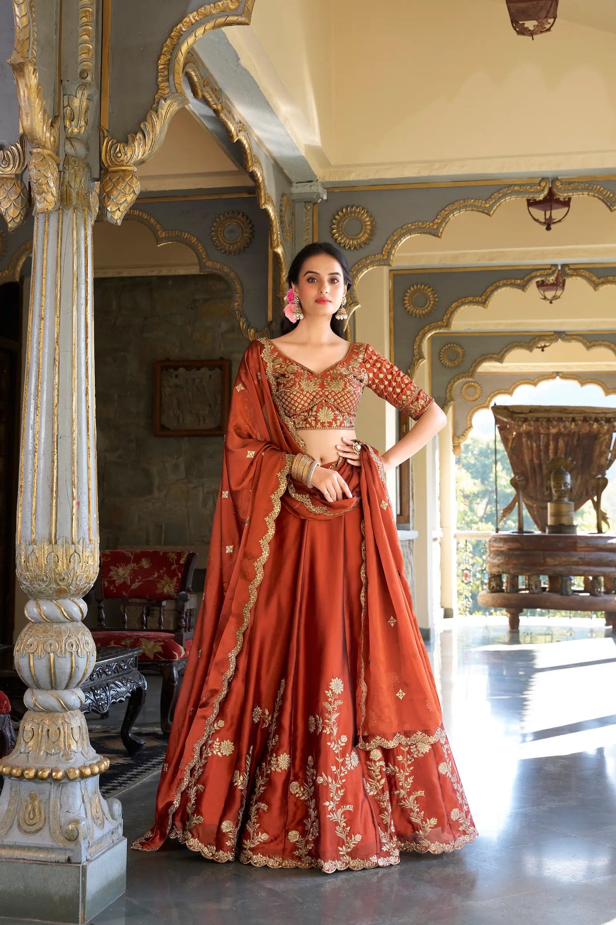 Rust Orange Embroidered Lehenga Choli