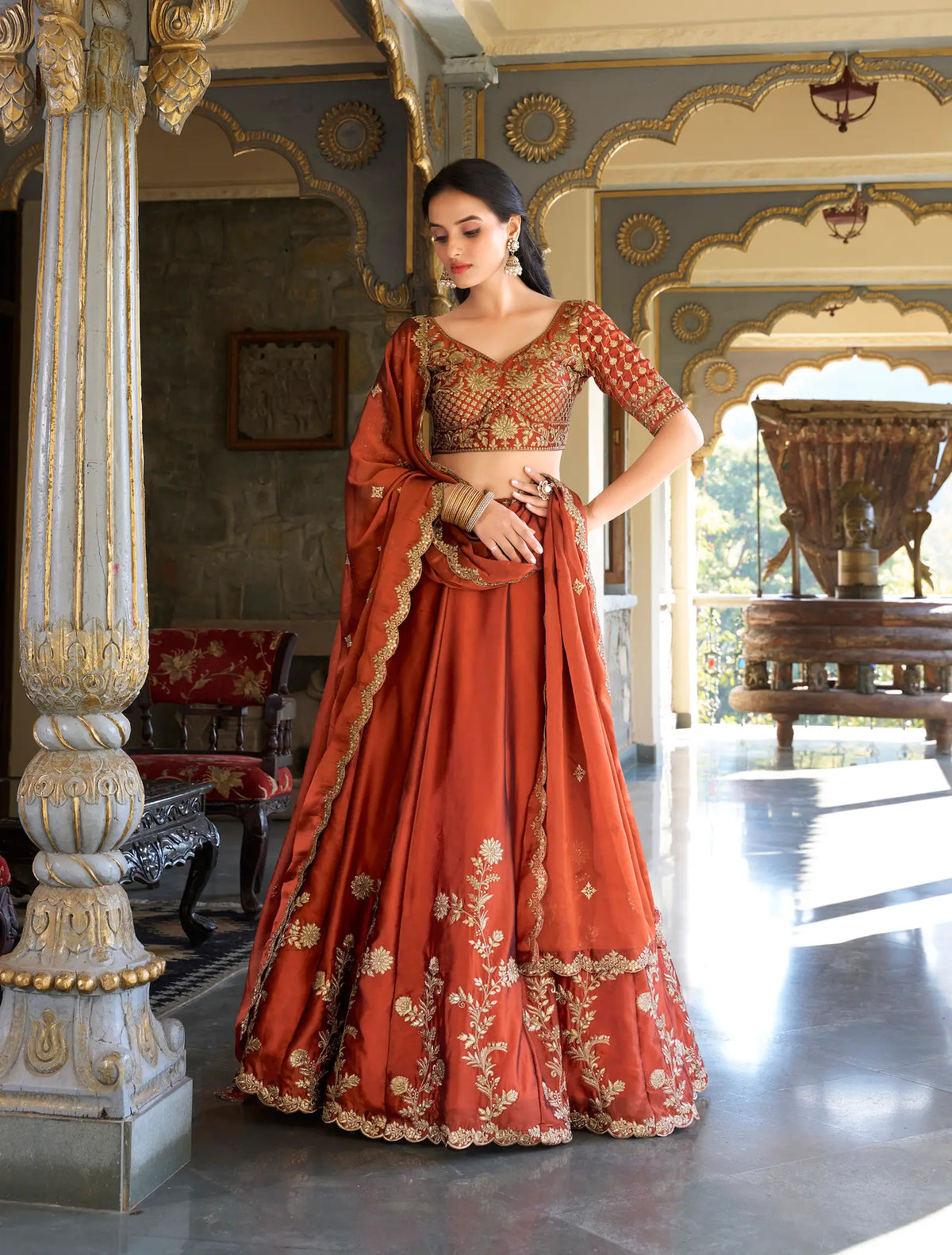 Rust Orange Embroidered Lehenga Choli