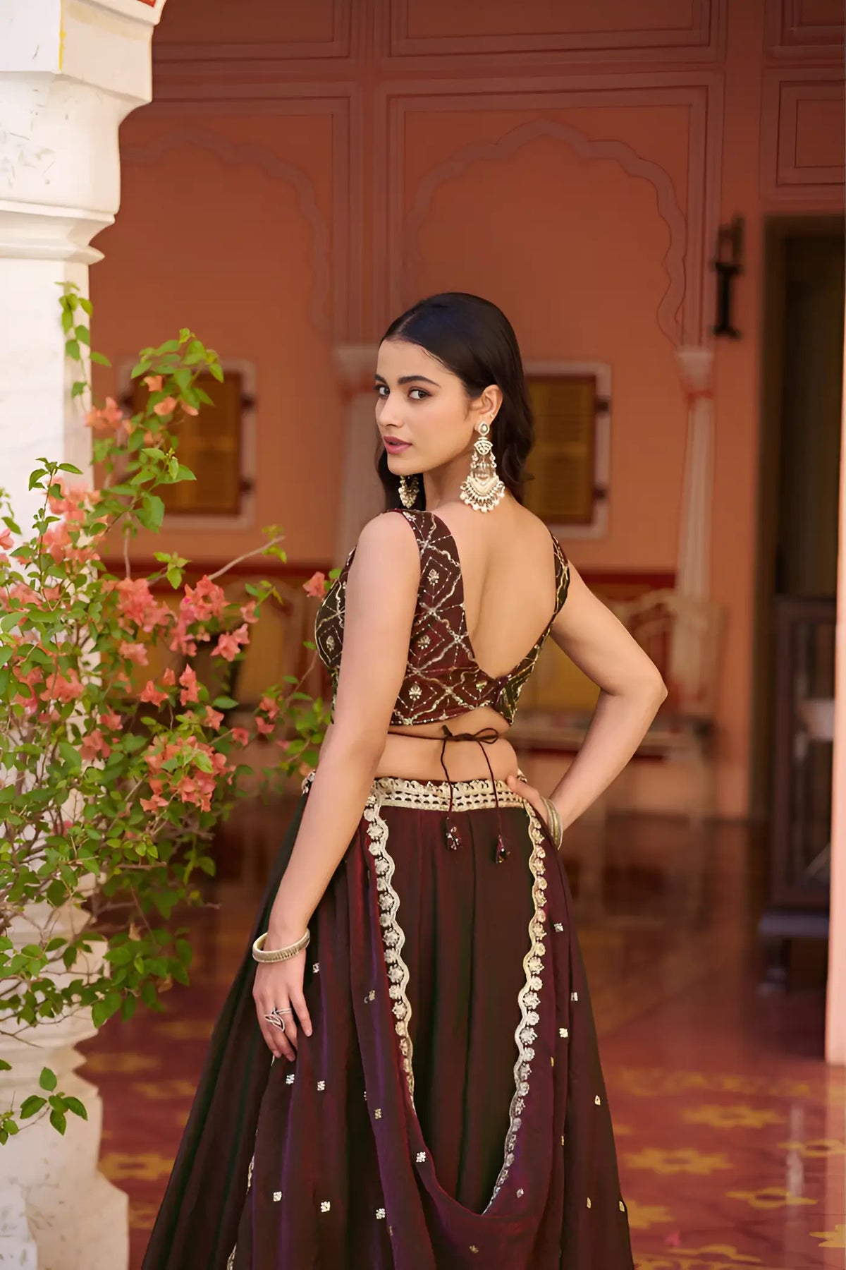 Burnt Maroon Embroidered Lehenga Choli