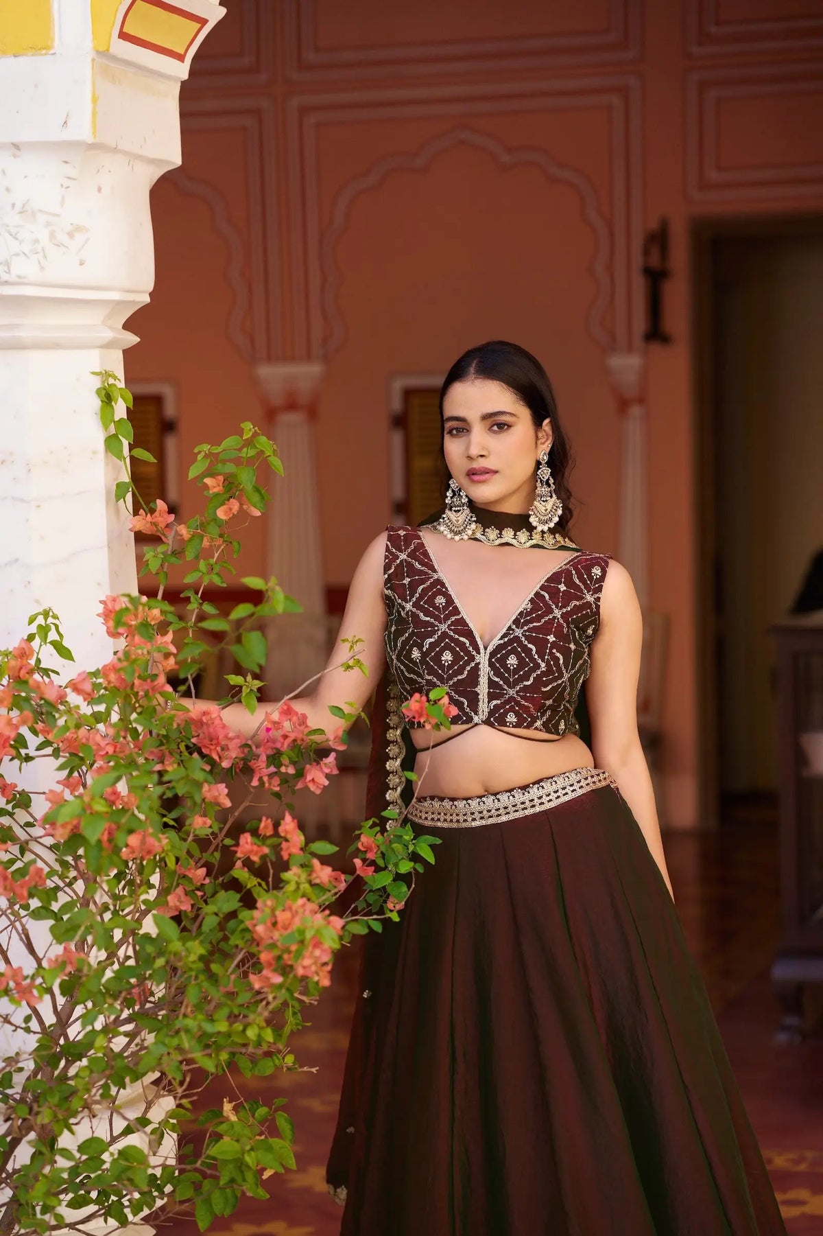 Burnt Maroon Embroidered Lehenga Choli